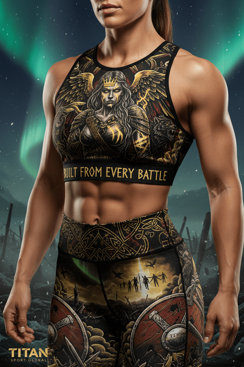 Titan Sport Global sports bra with Valkyrie graphic and "Built from every battle" text against a Viking-themed backdrop.