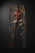 Titan Sport leggings featuring a scarred warrior, swords, and roses print with the text, "Built from every battle."