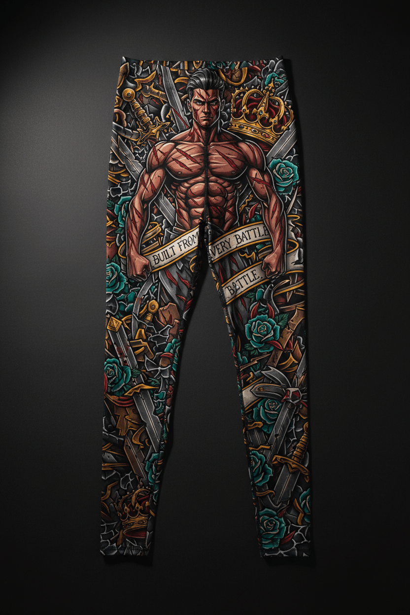 Titan Sport leggings featuring a scarred warrior, swords, and roses print with the text, "Built from every battle."