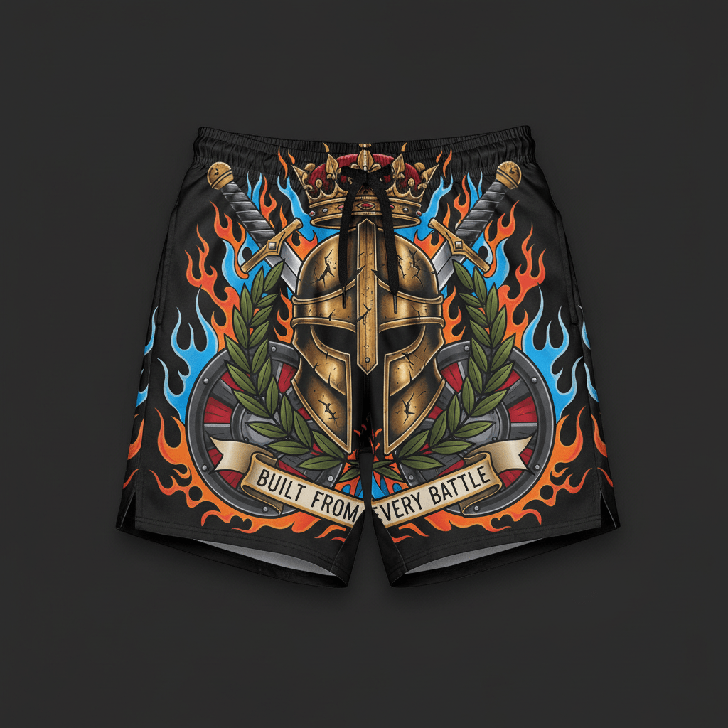 Black athletic shorts featuring a Spartan helmet, swords, crown, and flames with "Built From Every Battle" text.