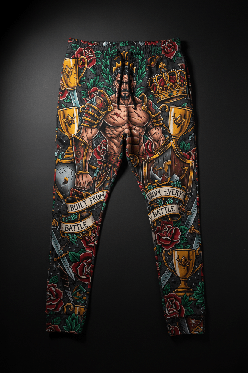 Titan Sport joggers featuring a warrior print, gold trophies, and roses with "Built From Every Battle" text.