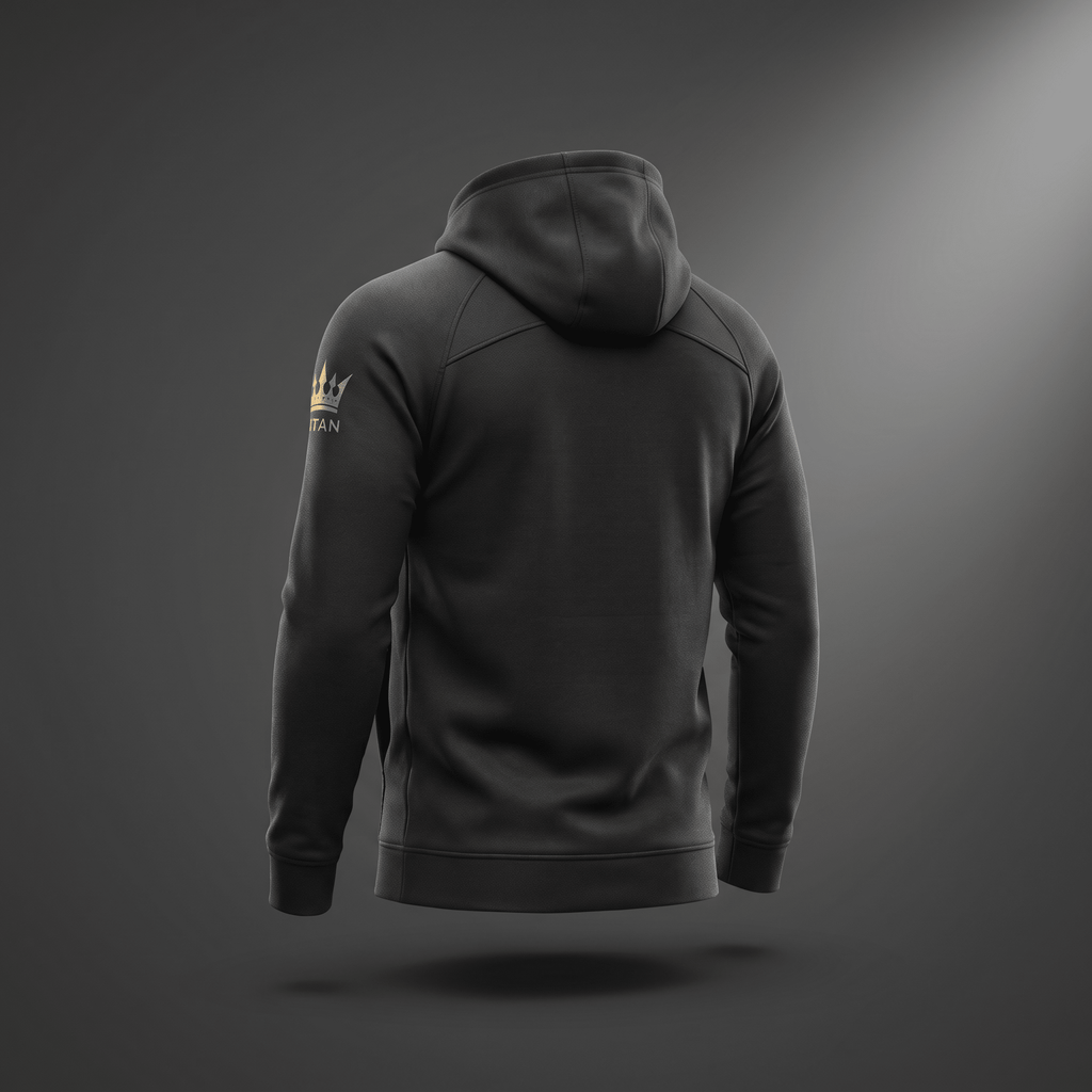 Back view of a black athletic hoodie featuring a gold crown logo on the right sleeve.