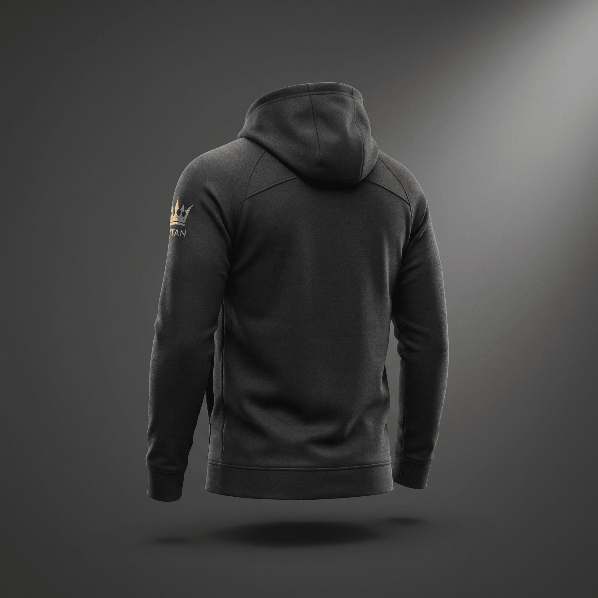 Back view of a black athletic hoodie featuring a gold crown logo on the right sleeve.