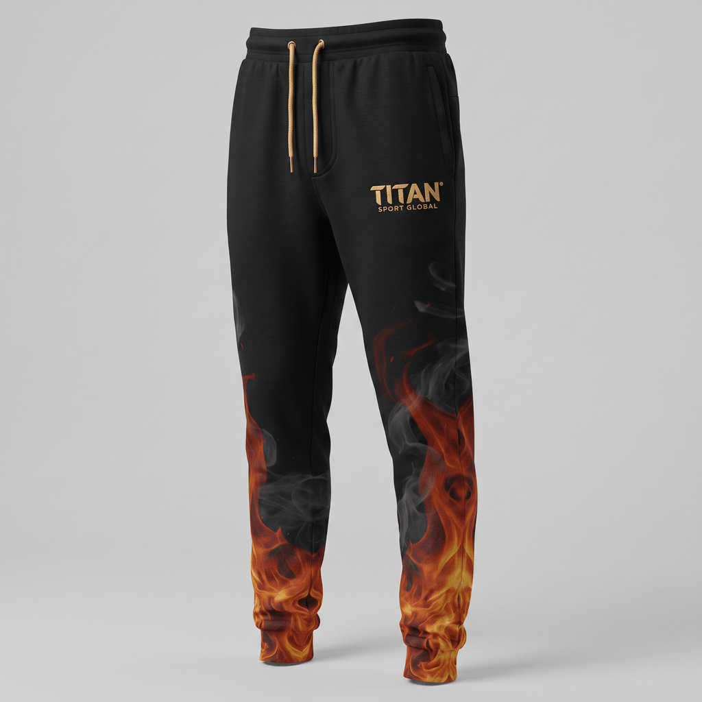 Black sweatpants with gold drawstring, Titan Sport Global logo, and red flame graphics at the cuffs.