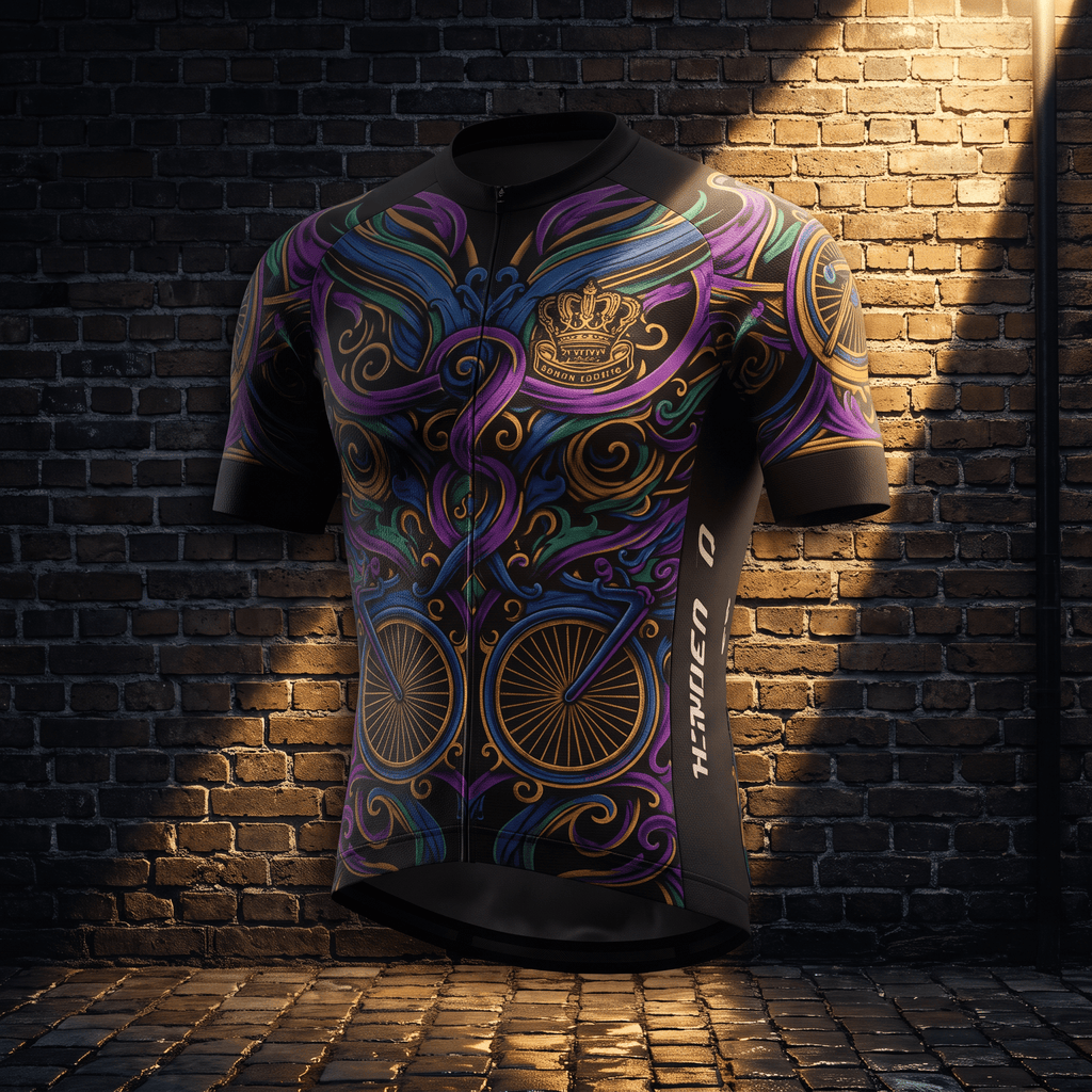 Black cycling jersey with purple, blue, and gold ornate swirl patterns, bicycle wheel graphics, and a crown logo.