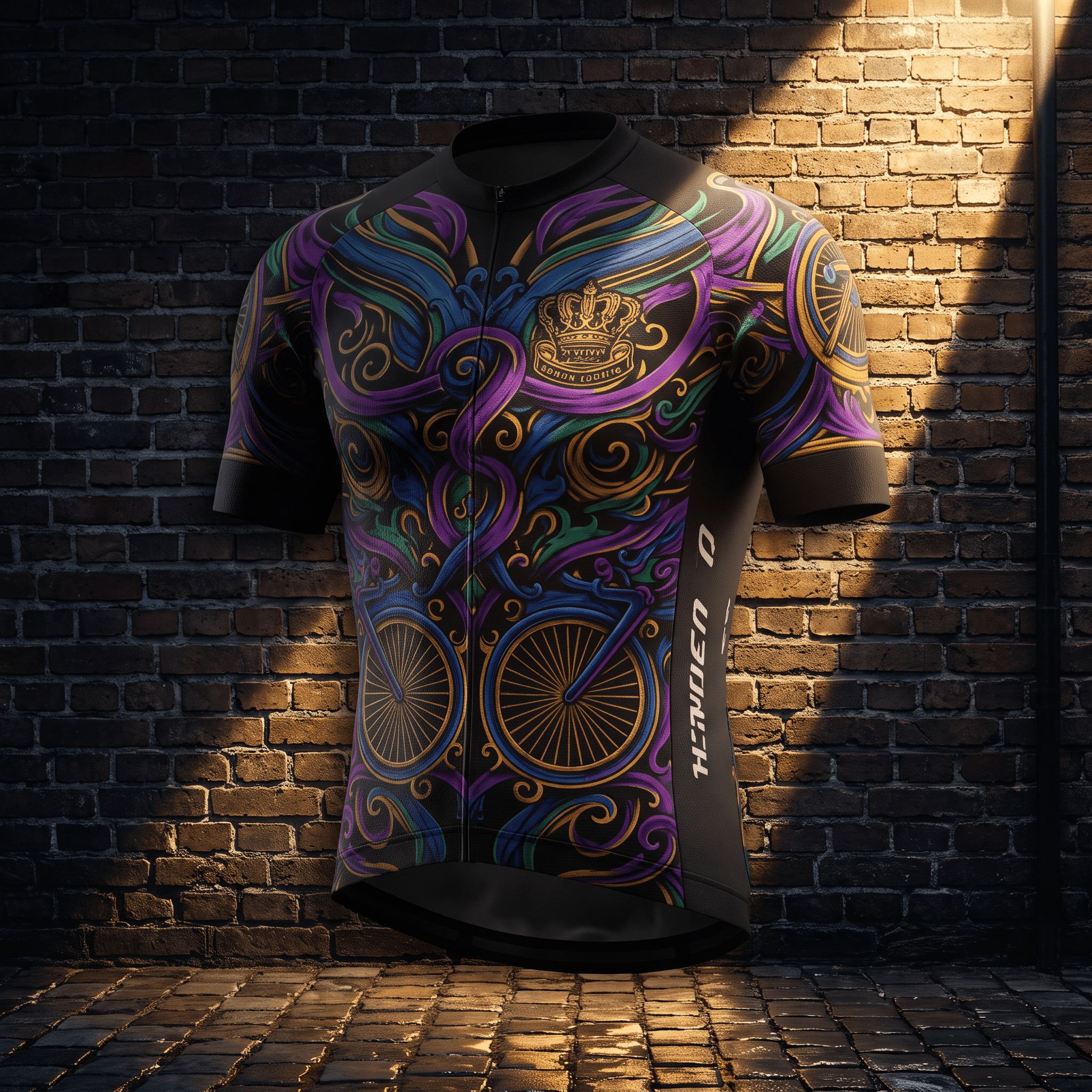 Black cycling jersey with purple, blue, and gold ornate swirl patterns, bicycle wheel graphics, and a crown logo.