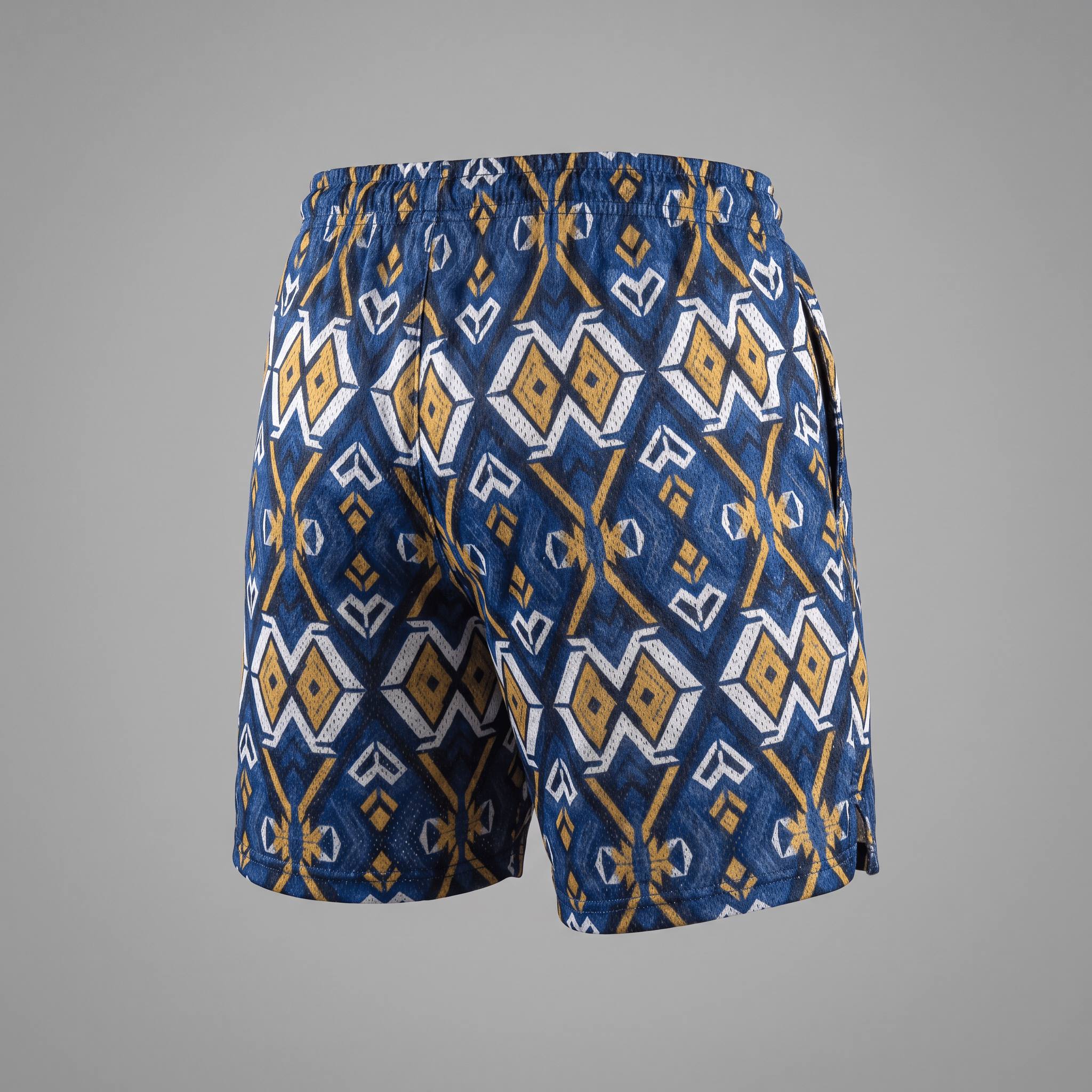 Rear view of blue athletic mesh shorts featuring a geometric pattern in white and gold.