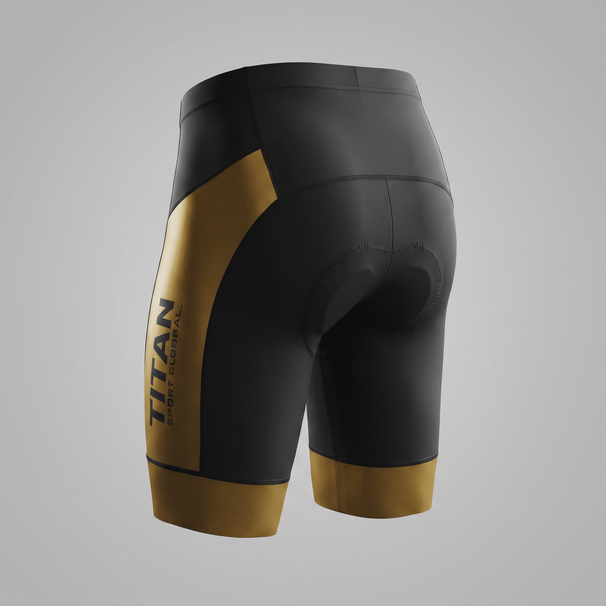 Rear view of black and gold cycling shorts with Titan Sport Global branding on the left leg.