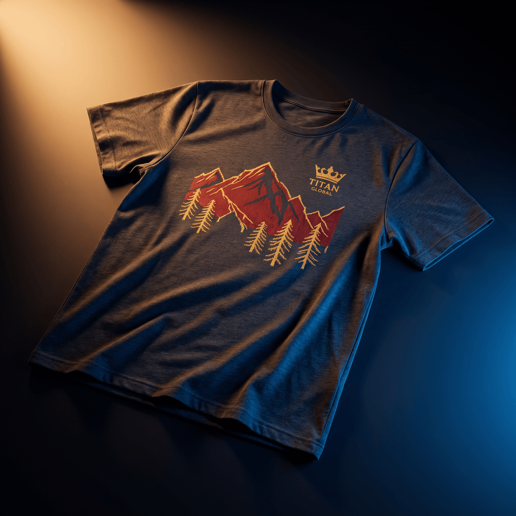 Charcoal gray t-shirt featuring a red mountain range, gold pine trees, and a Titan Global crown logo.