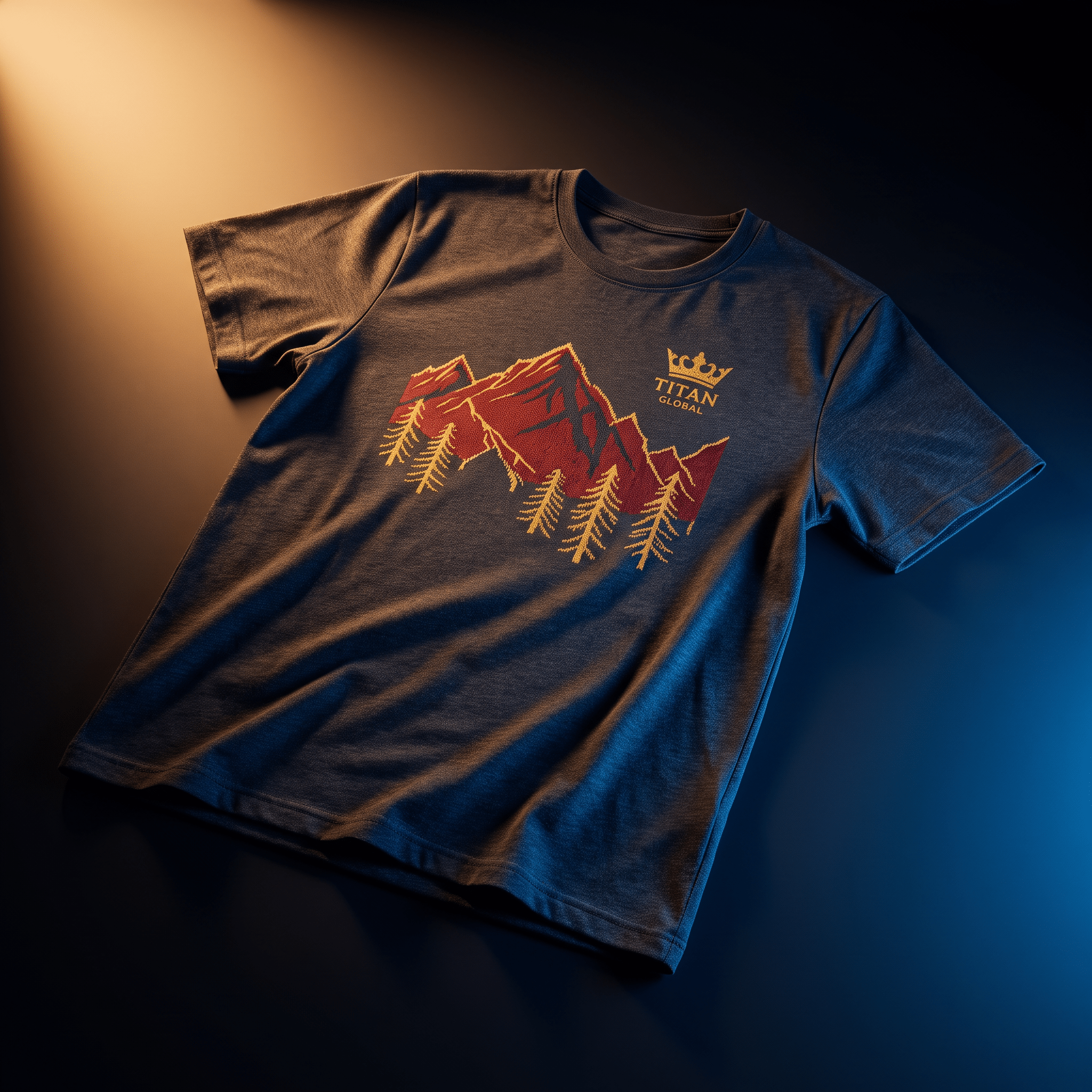Charcoal gray t-shirt featuring a red mountain range, gold pine trees, and a Titan Global crown logo.