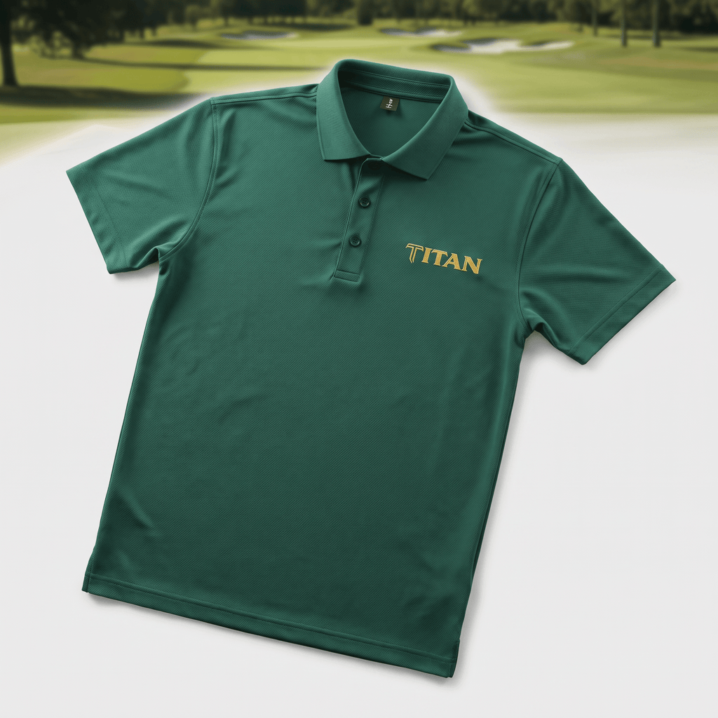 Dark green short sleeve golf polo shirt with Titan logo in gold, set against a blurred golf course background.