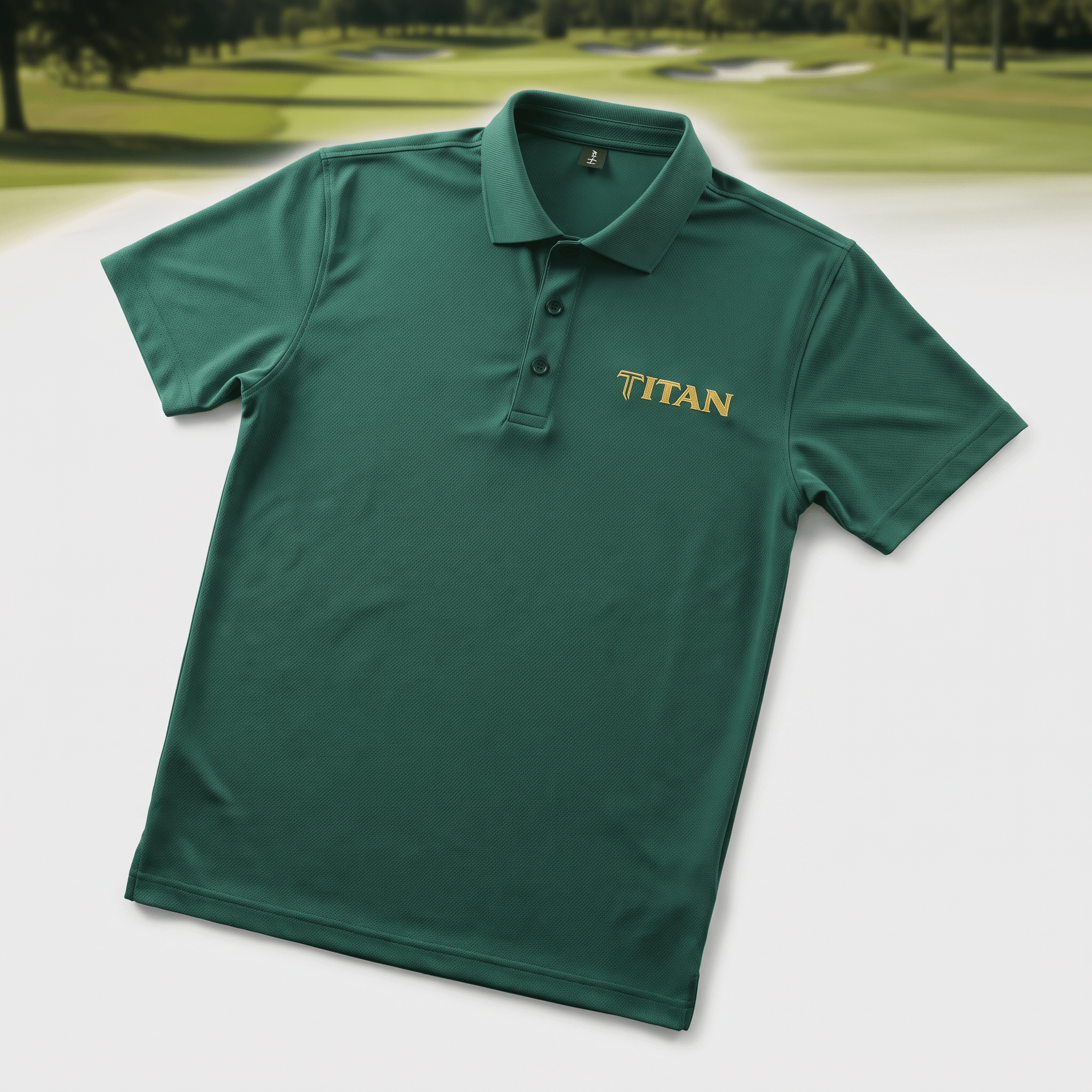 Dark green short-sleeve polo shirt with gold Titan logo, laid flat with golf course background.