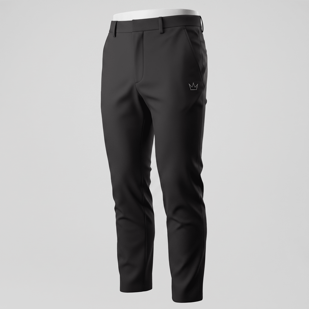 Black athletic trousers with a subtle crown logo on the left hip, displayed on a mannequin.