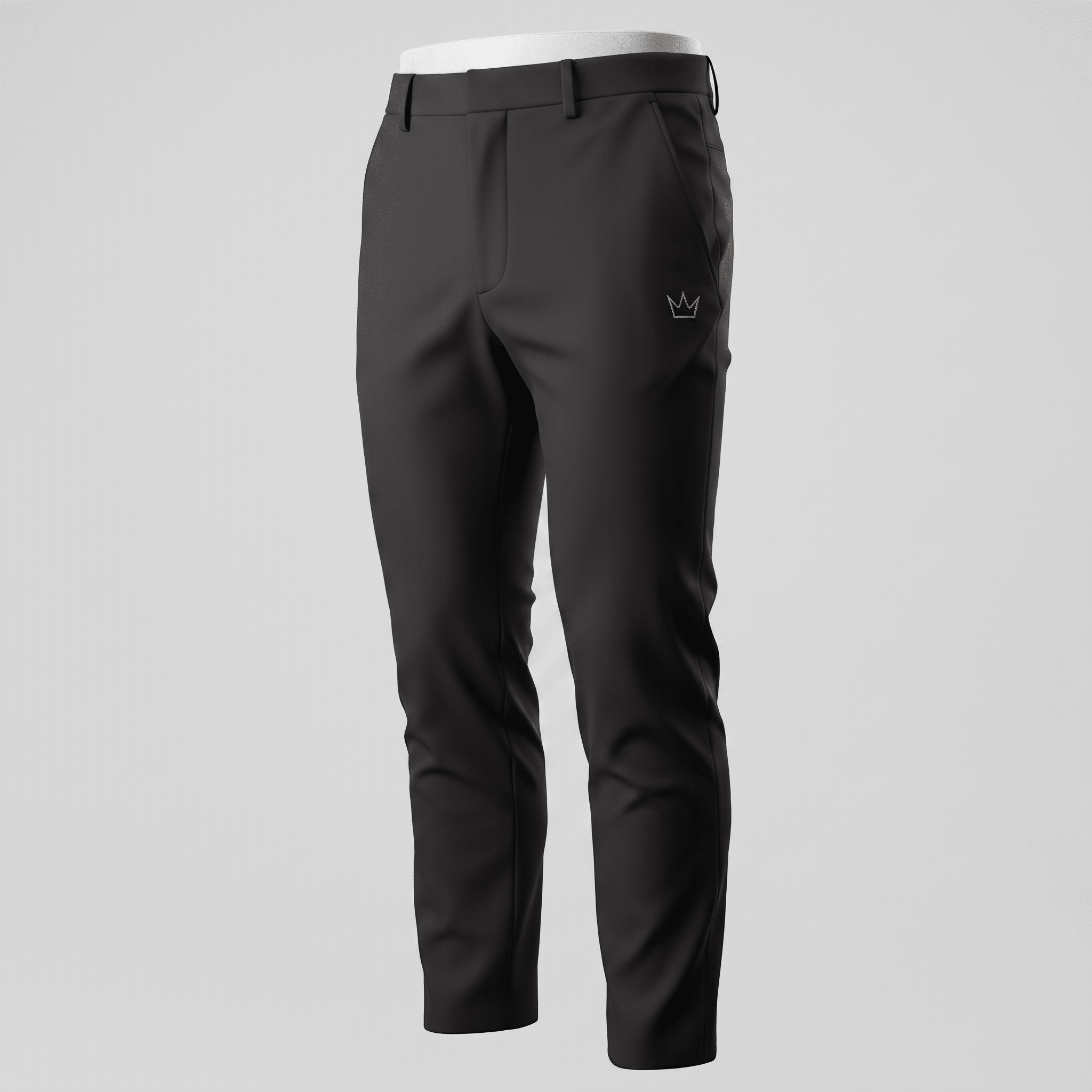 Black athletic trousers with a subtle crown logo on the left hip, displayed on a mannequin.