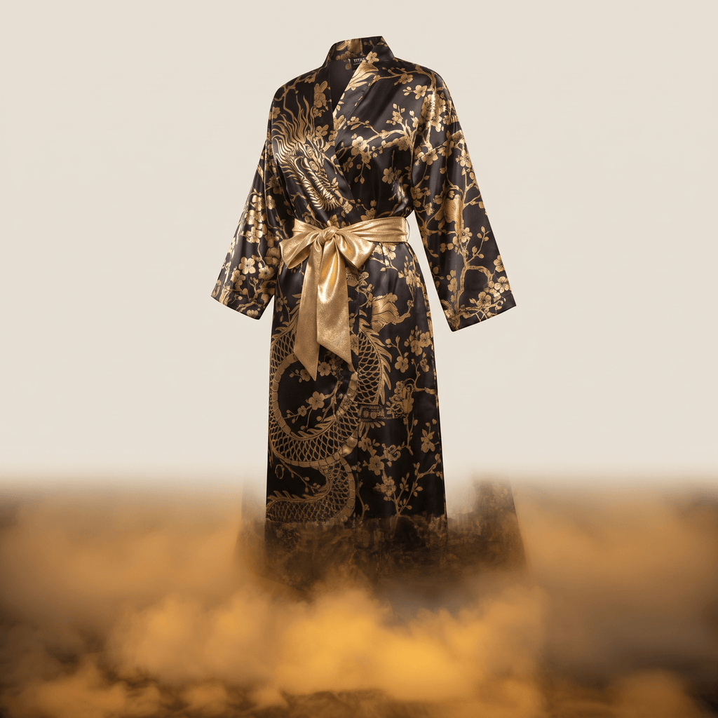 Black satin kimono robe with metallic gold dragon and cherry blossom print, tied with a matching gold sash.