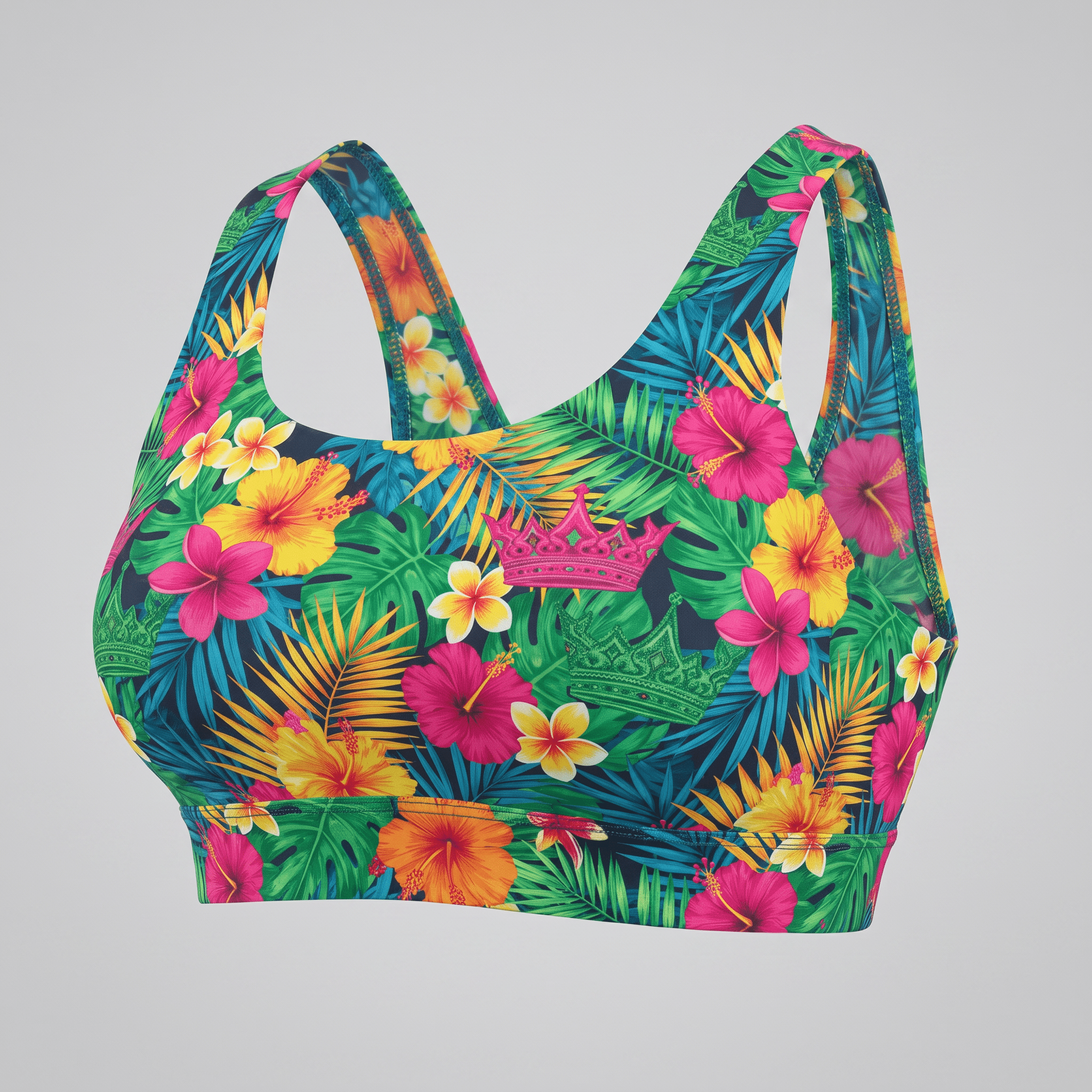 Vibrant sports bra with tropical floral print, featuring pink and yellow hibiscus flowers, green palm leaves, and pink crowns.