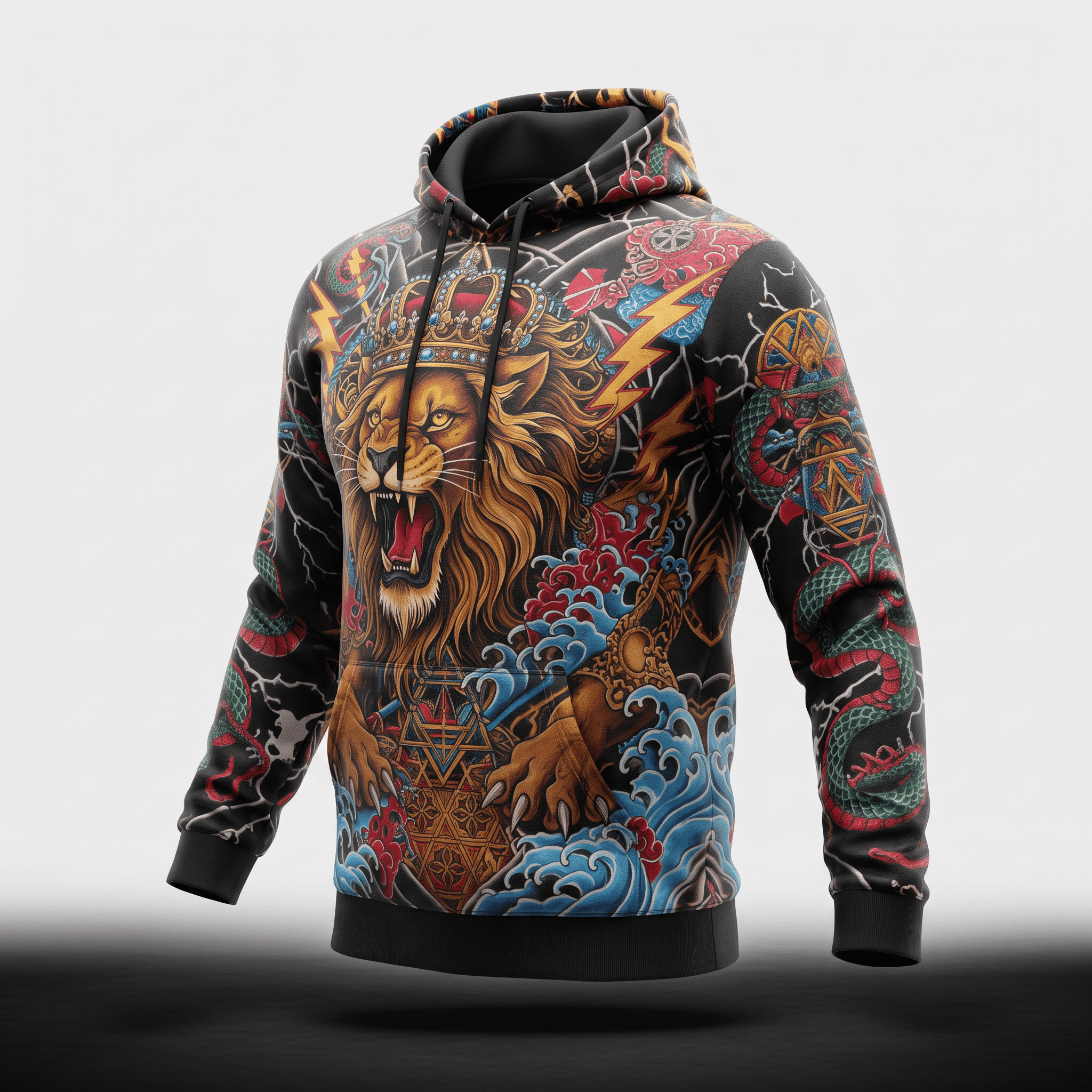 Black hoodie featuring an all-over tattoo print with a roaring crowned lion, waves, and snakes.