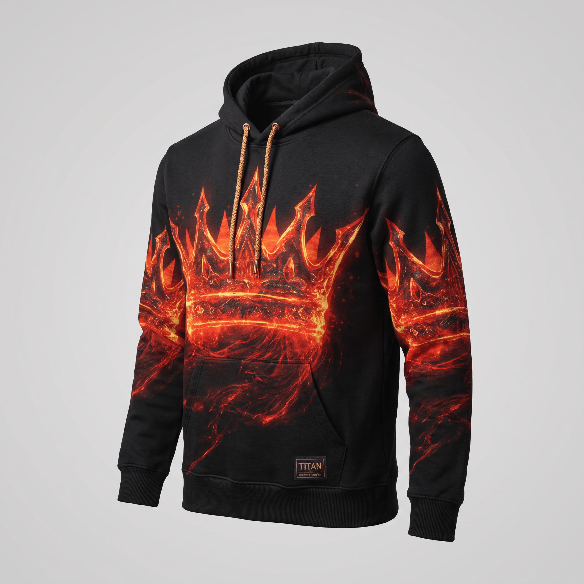 Black hoodie featuring a glowing fiery red crown graphic across the chest and sleeves, with brown drawstrings.