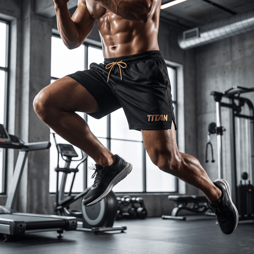 An athletic shirtless man mid-jump in a gym, wearing black TITAN mesh shorts with a tan drawstring.