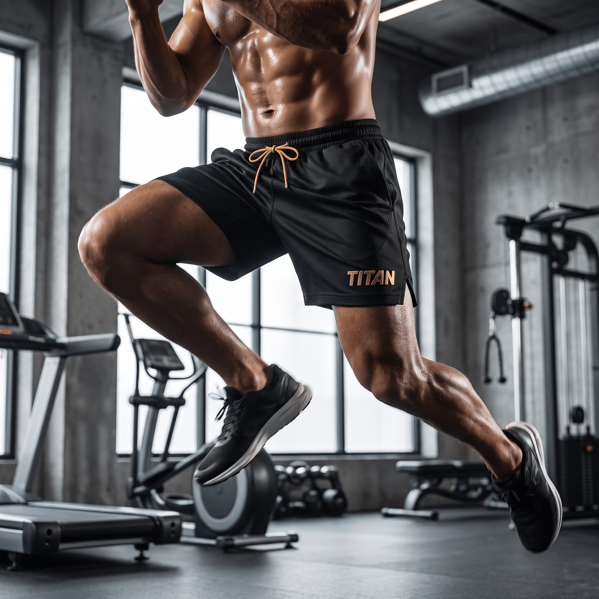 An athletic shirtless man mid-jump in a gym, wearing black TITAN mesh shorts with a tan drawstring.