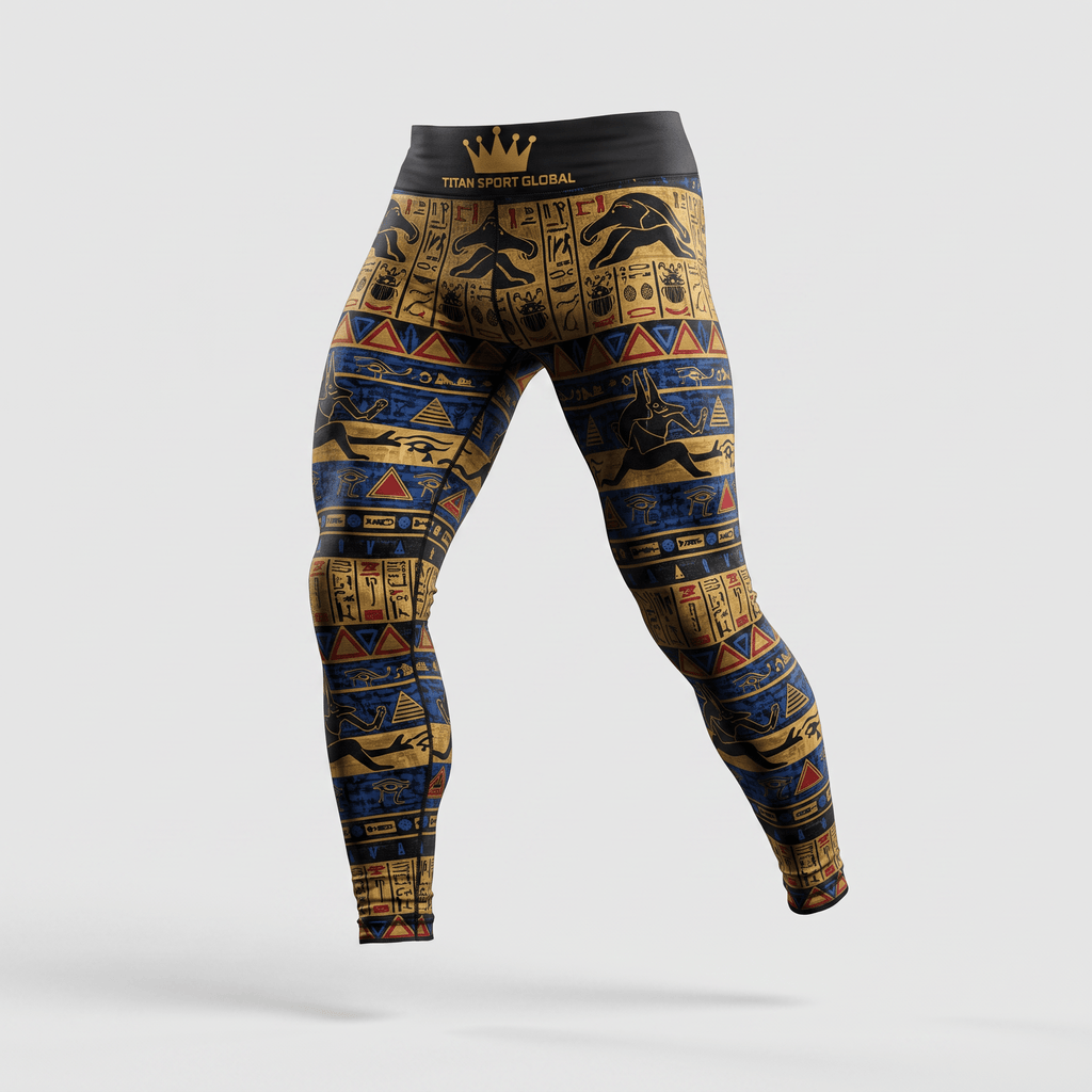 Titan Sport Global athletic leggings featuring an Egyptian hieroglyph print in gold, blue, and black.