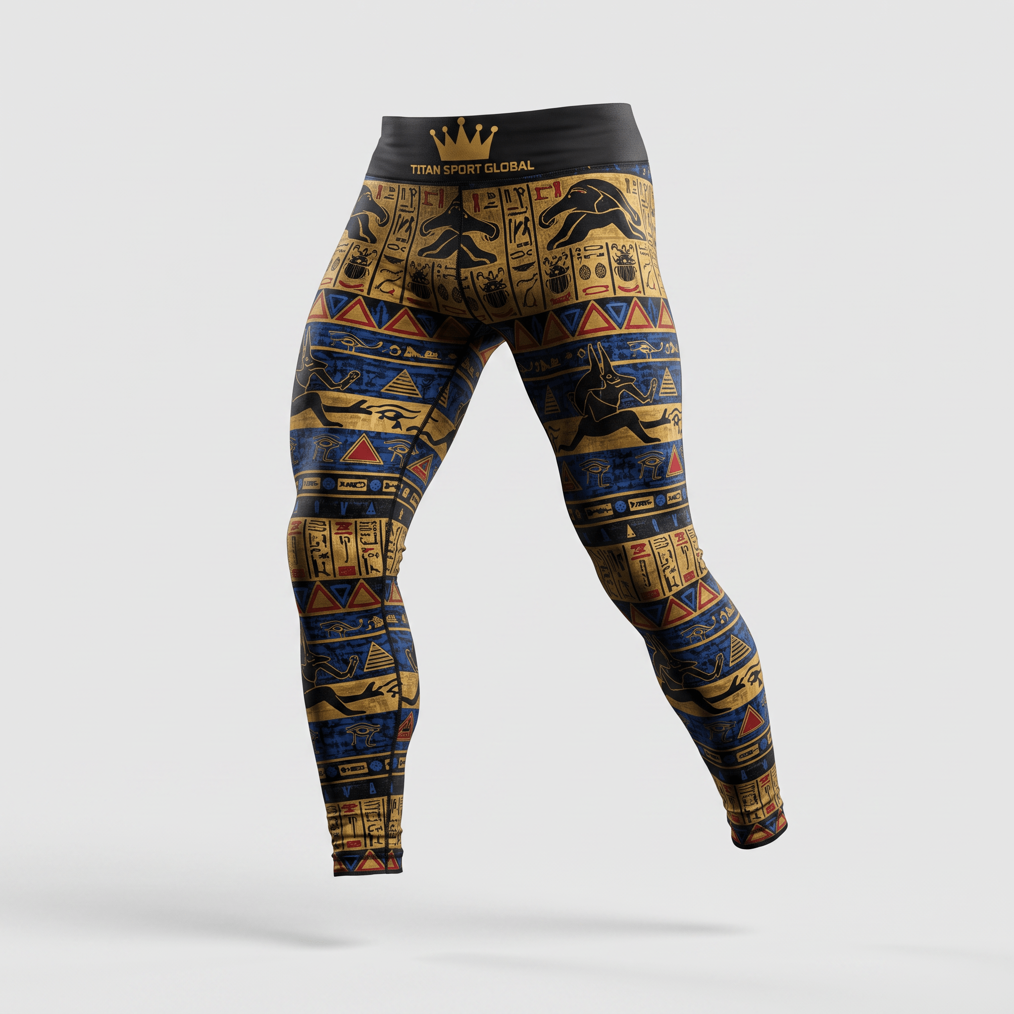 Titan Sport Global athletic leggings featuring an Egyptian hieroglyph print in gold, blue, and black.