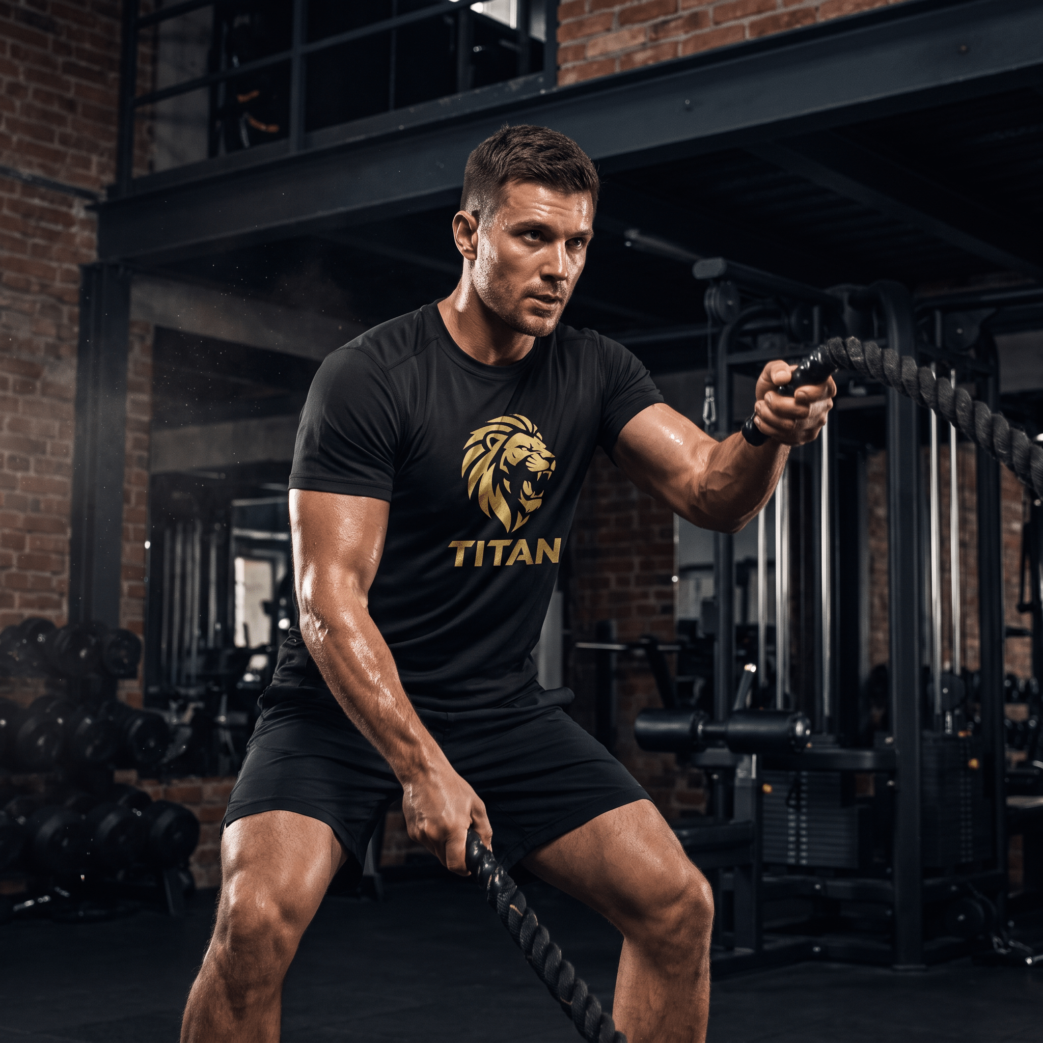An athlete in a black TITAN performance tee exercises with battle ropes in a gym.