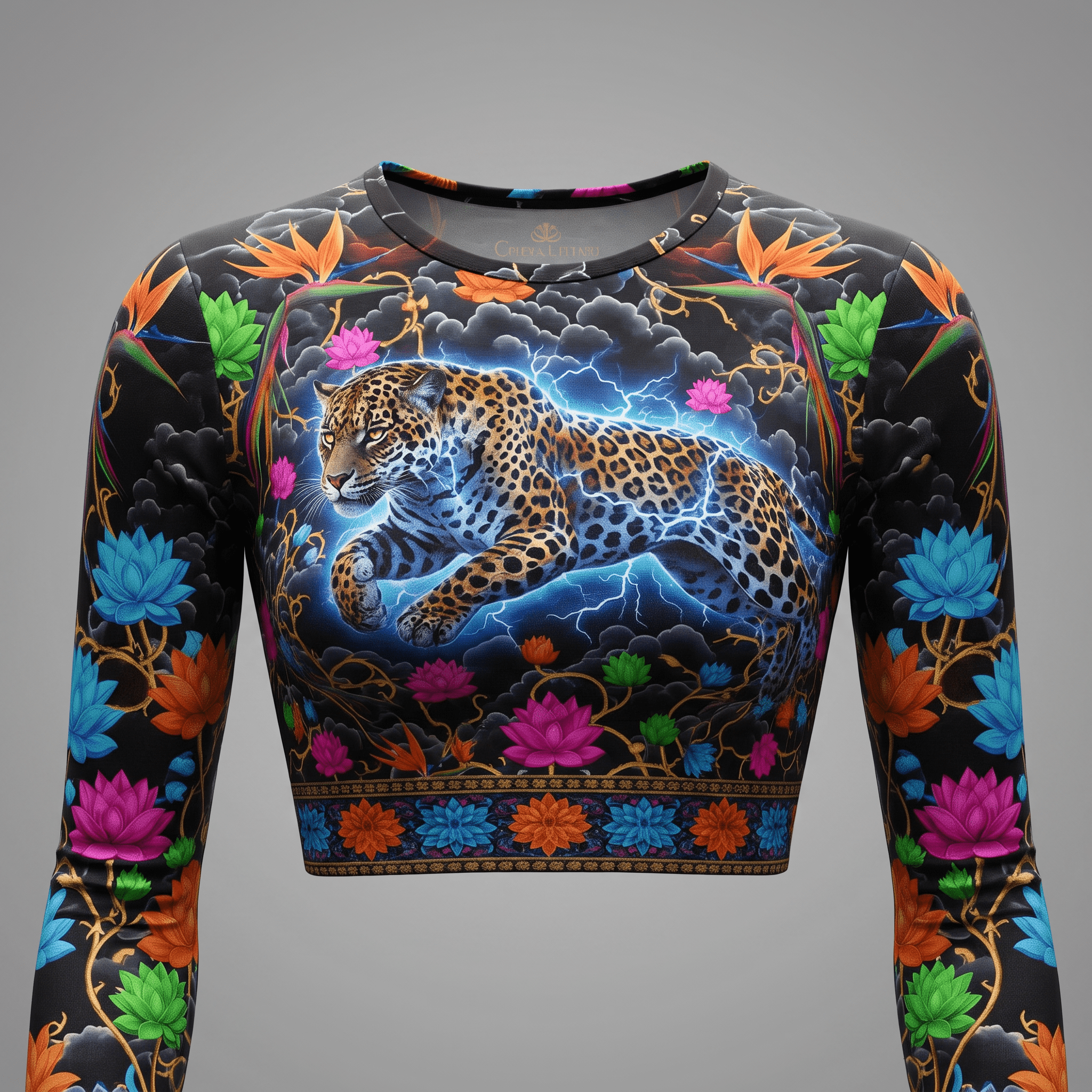 Black long-sleeve crop top with a leaping jaguar, lightning, and colorful lotus floral print.