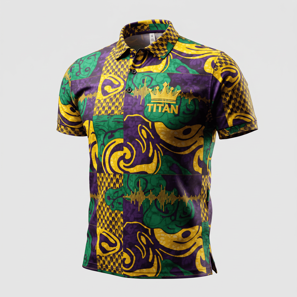 Purple, green, and yellow polo shirt featuring a bold abstract pattern, button placket, and Titan crown logo.