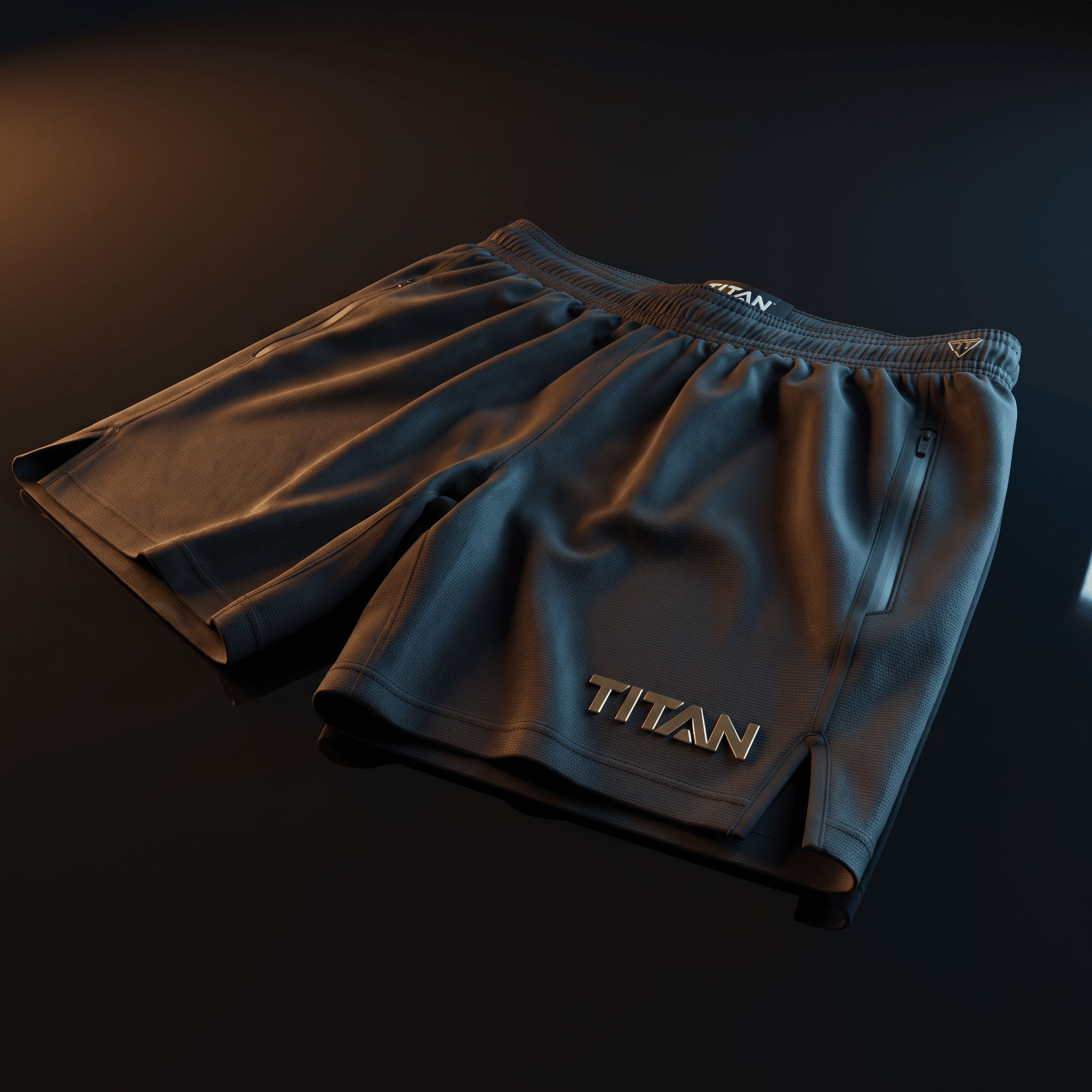 Charcoal grey athletic shorts with "TITAN" logo, featuring an elastic waistband and side zipper pockets.