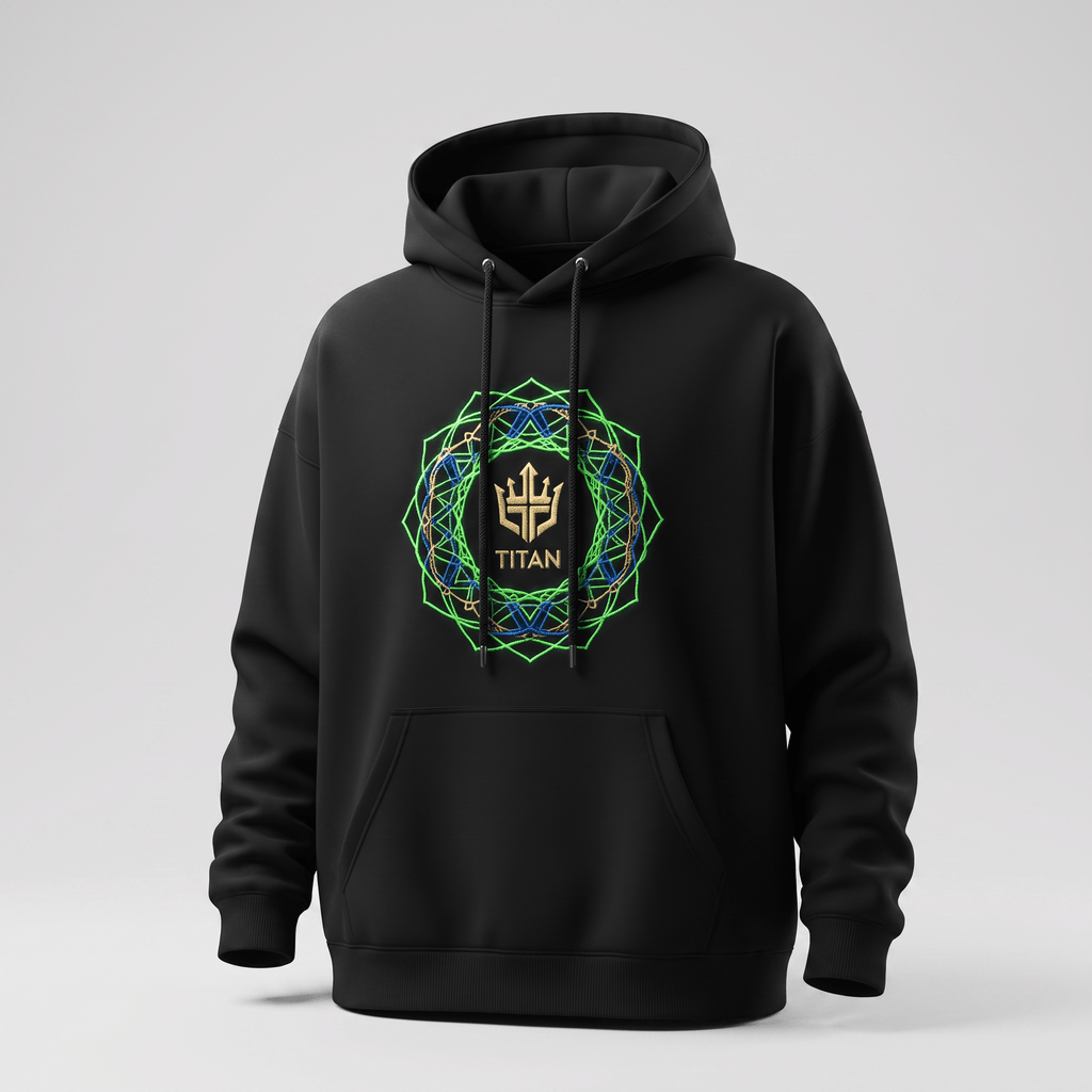 Black hoodie featuring a green and blue geometric mandala graphic with a gold Titan trident logo on the chest.