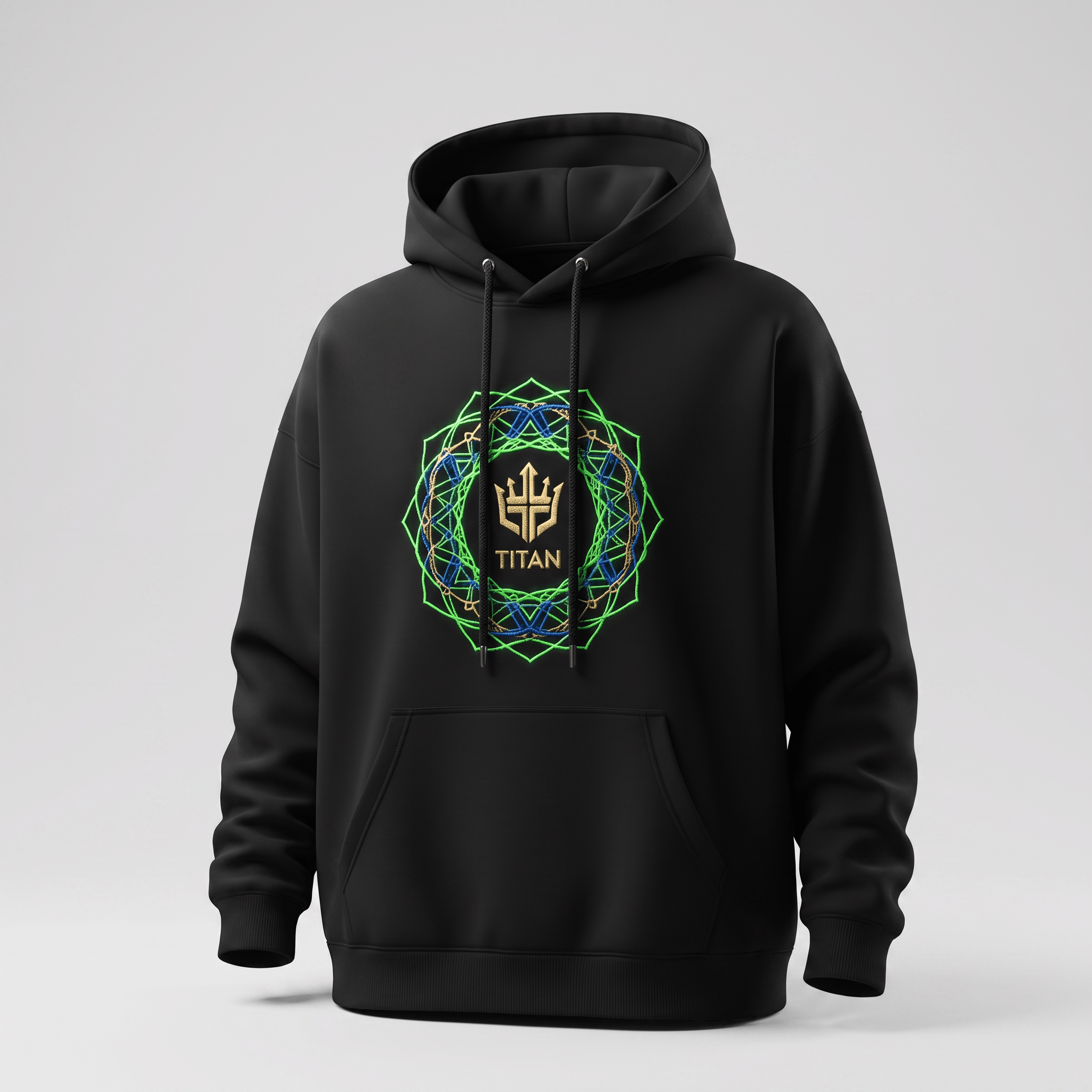Black hoodie featuring a green and blue geometric mandala graphic with a gold Titan trident logo on the chest.