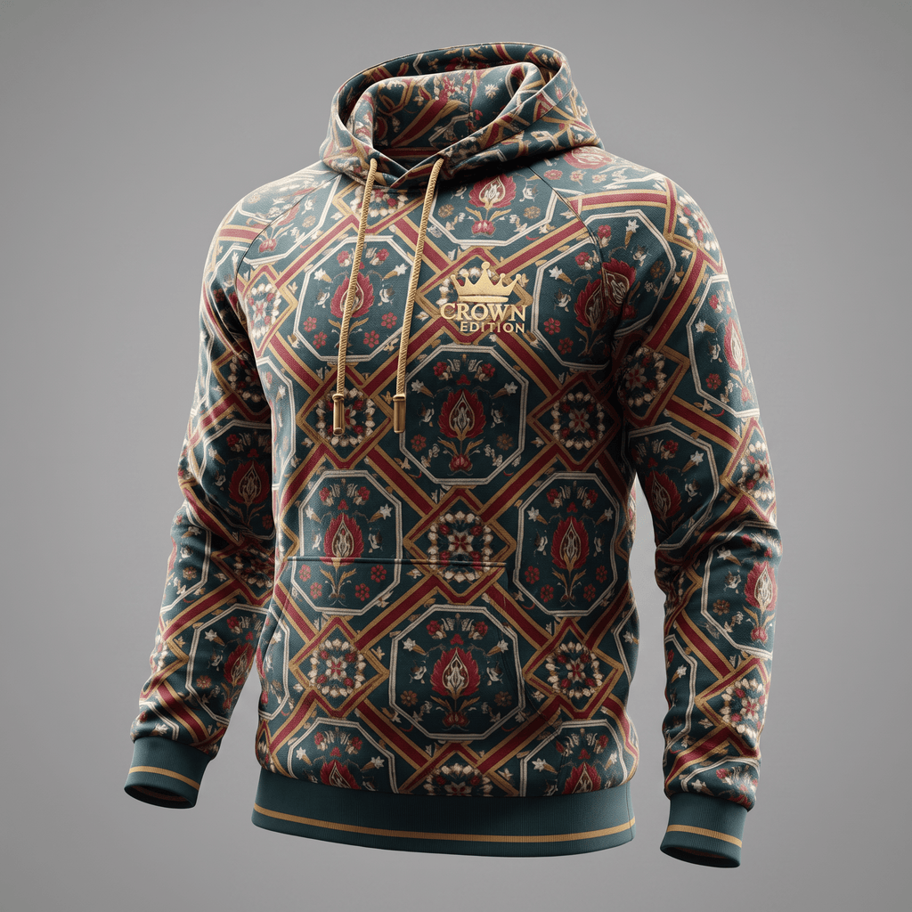 Dark teal Crown Edition hoodie with red and gold geometric Persian rug pattern on a grey background.