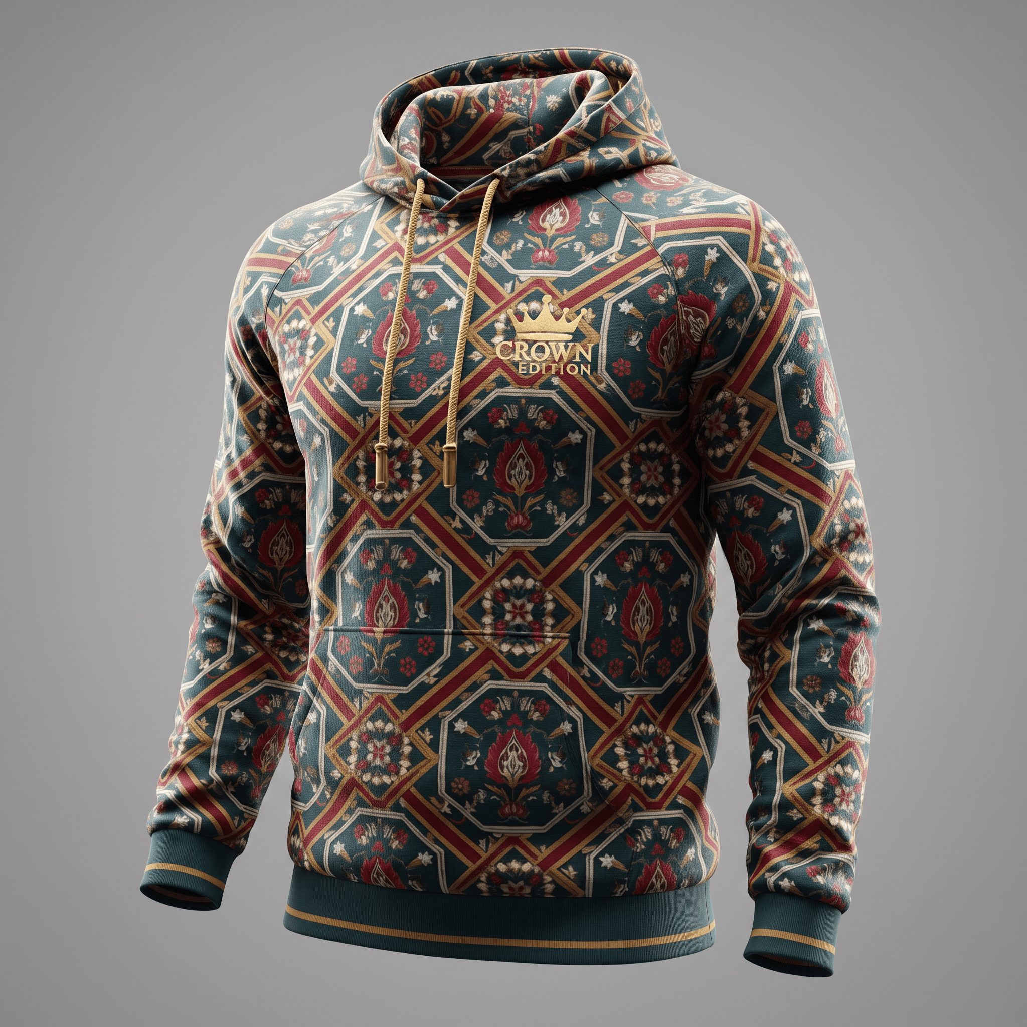 Dark teal Crown Edition hoodie with red and gold geometric Persian rug pattern on a grey background.