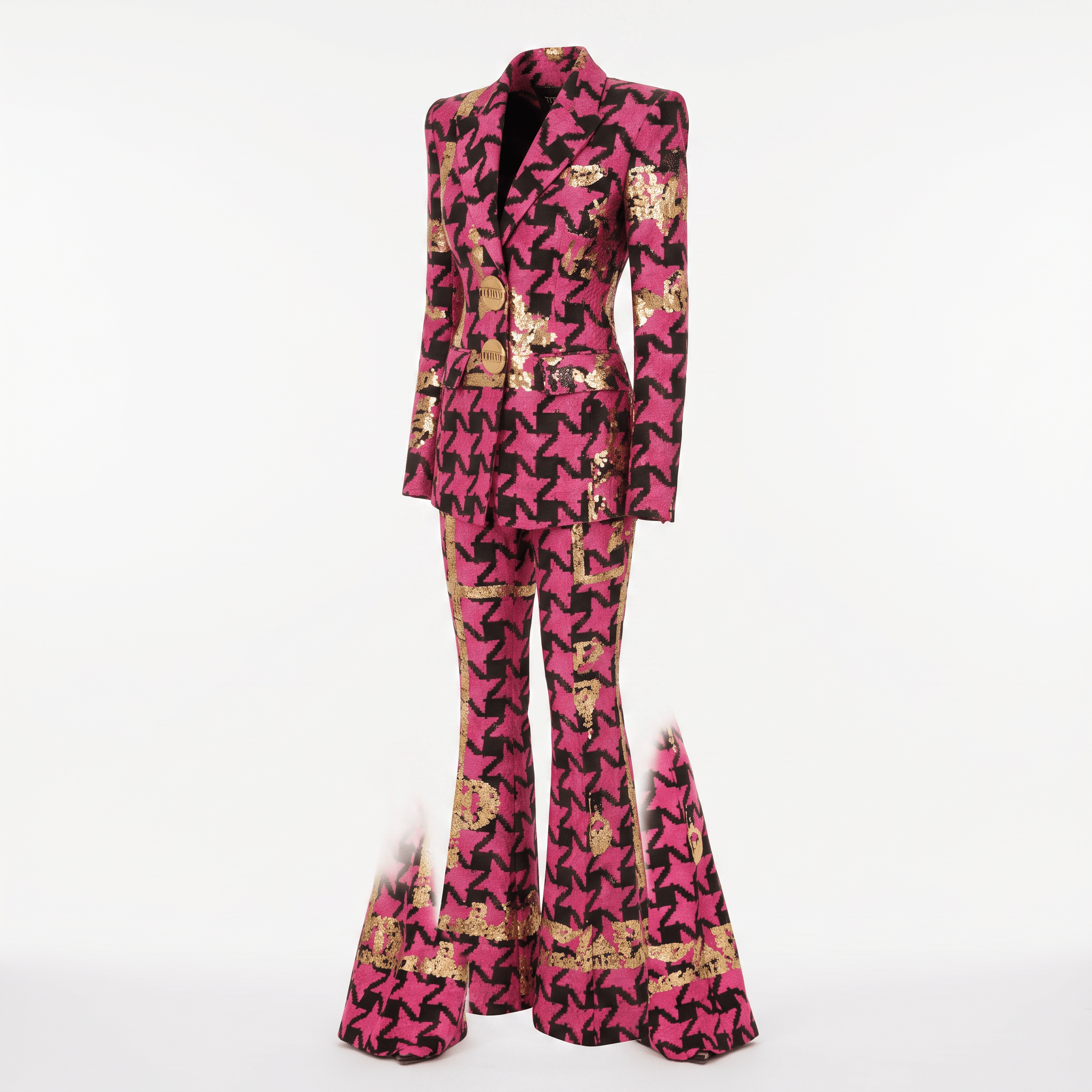 Pink, black, and gold sequin houndstooth blazer and matching flared pants suit.