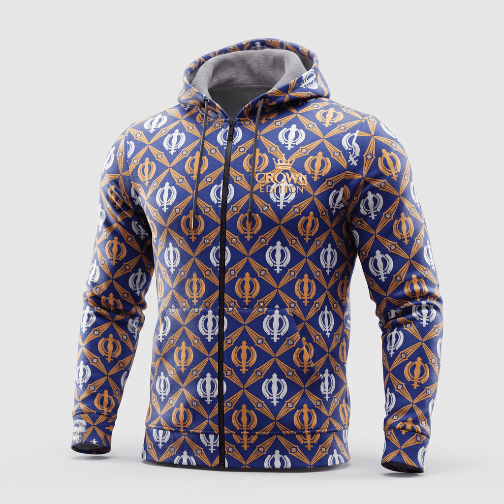 Blue zip-up hoodie featuring a repeating white and gold Khanda pattern with a Crown Edition chest logo.