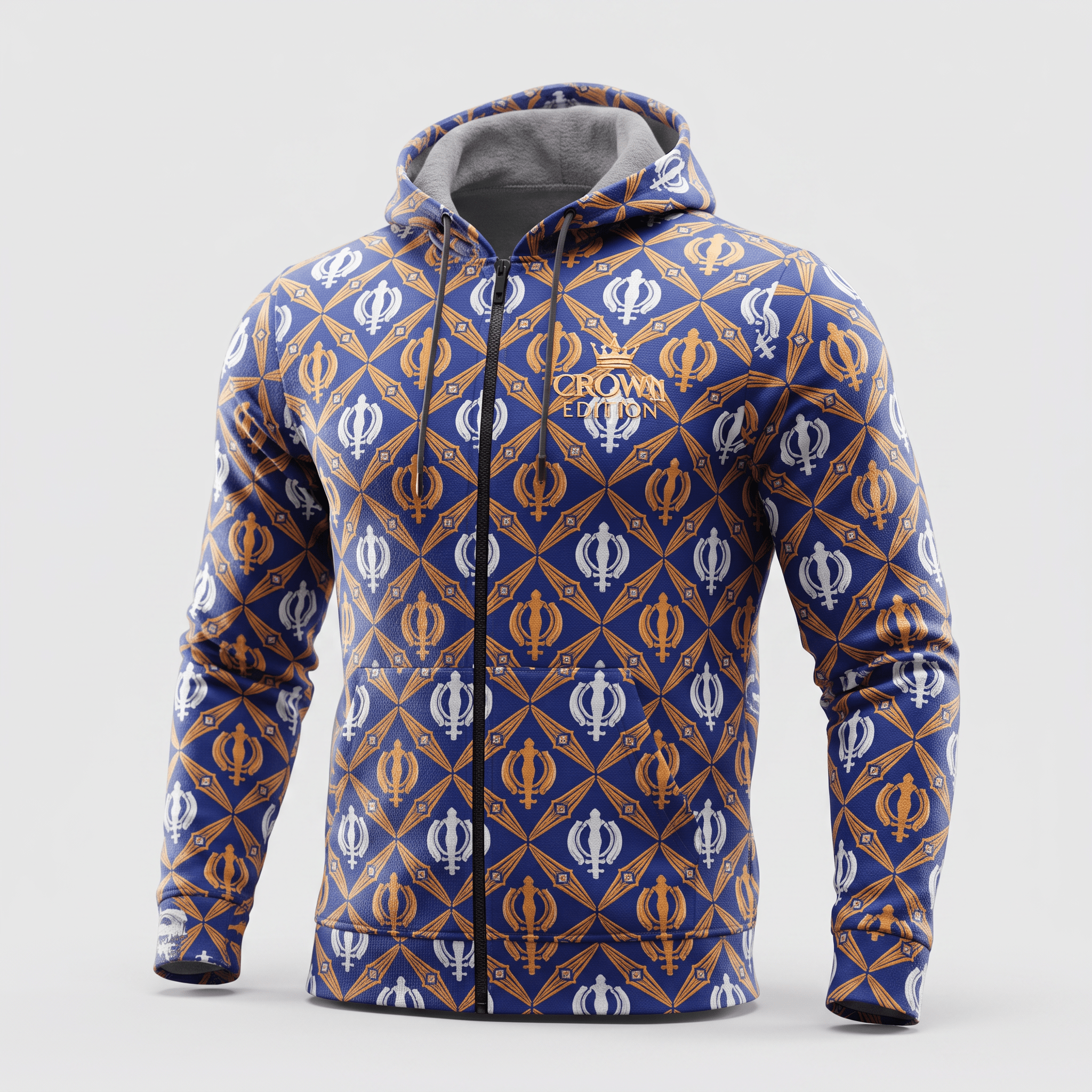 Blue zip-up hoodie featuring a repeating white and gold Khanda pattern with a Crown Edition chest logo.