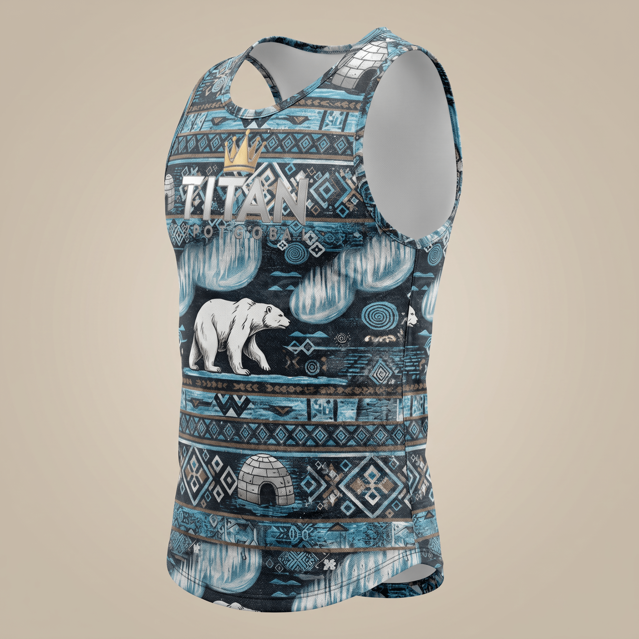 Blue and brown athletic tank top featuring polar bear and igloo graphics with Titan branding.