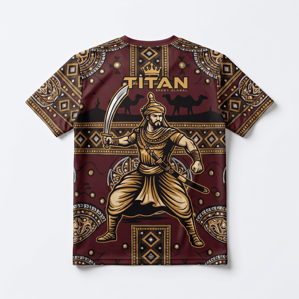 Back of maroon graphic t-shirt featuring a golden warrior with a sword, ornate patterns, and Titan Sport Global text.
