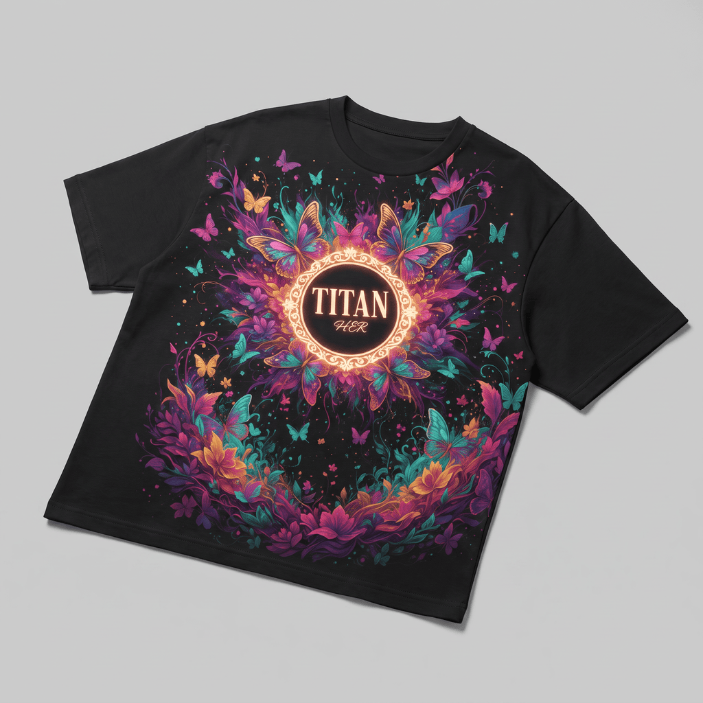 Black t-shirt with a colorful graphic of butterflies, floral patterns, and the text Titan Her inside a glowing circle.