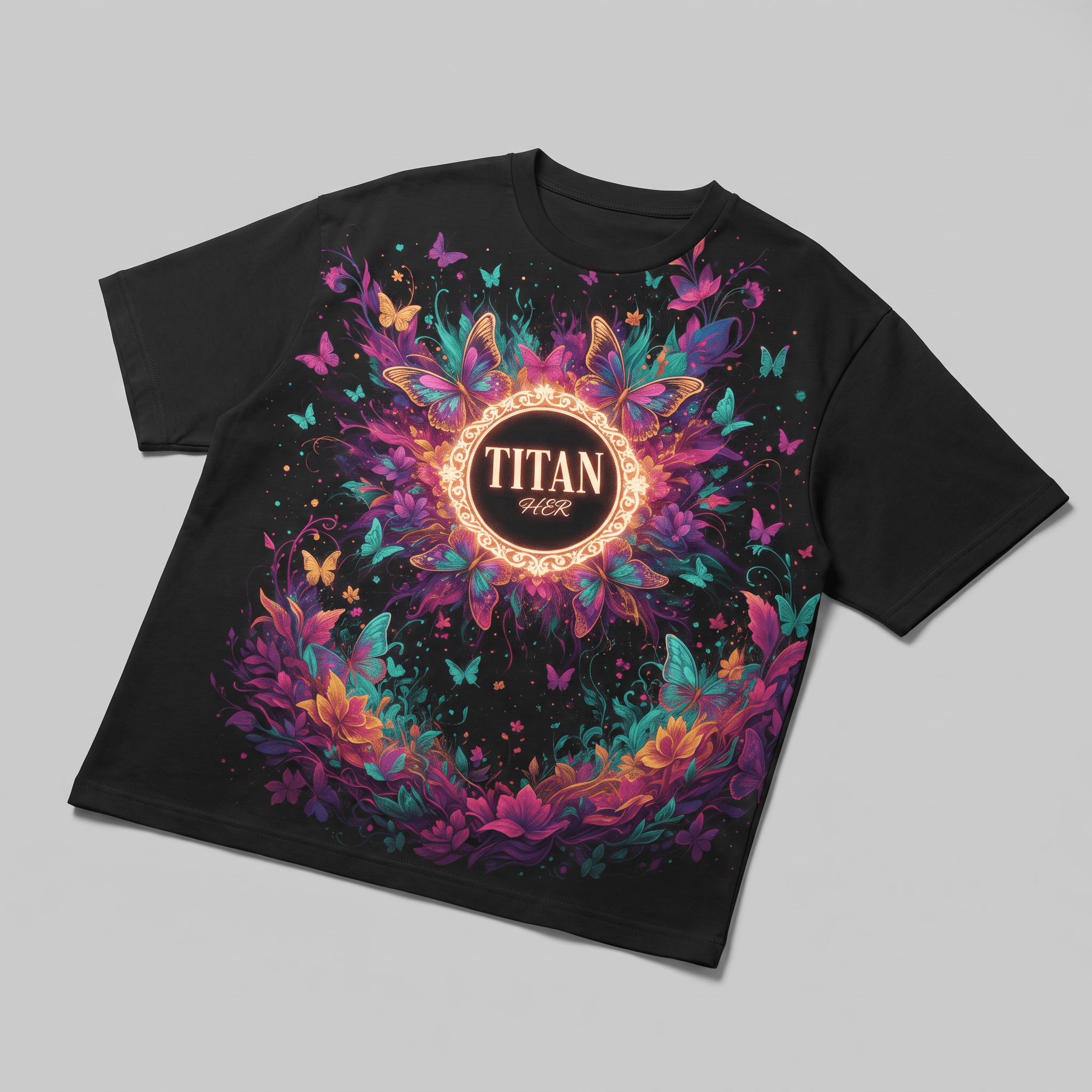 Black t-shirt with a colorful graphic of butterflies, floral patterns, and the text Titan Her inside a glowing circle.