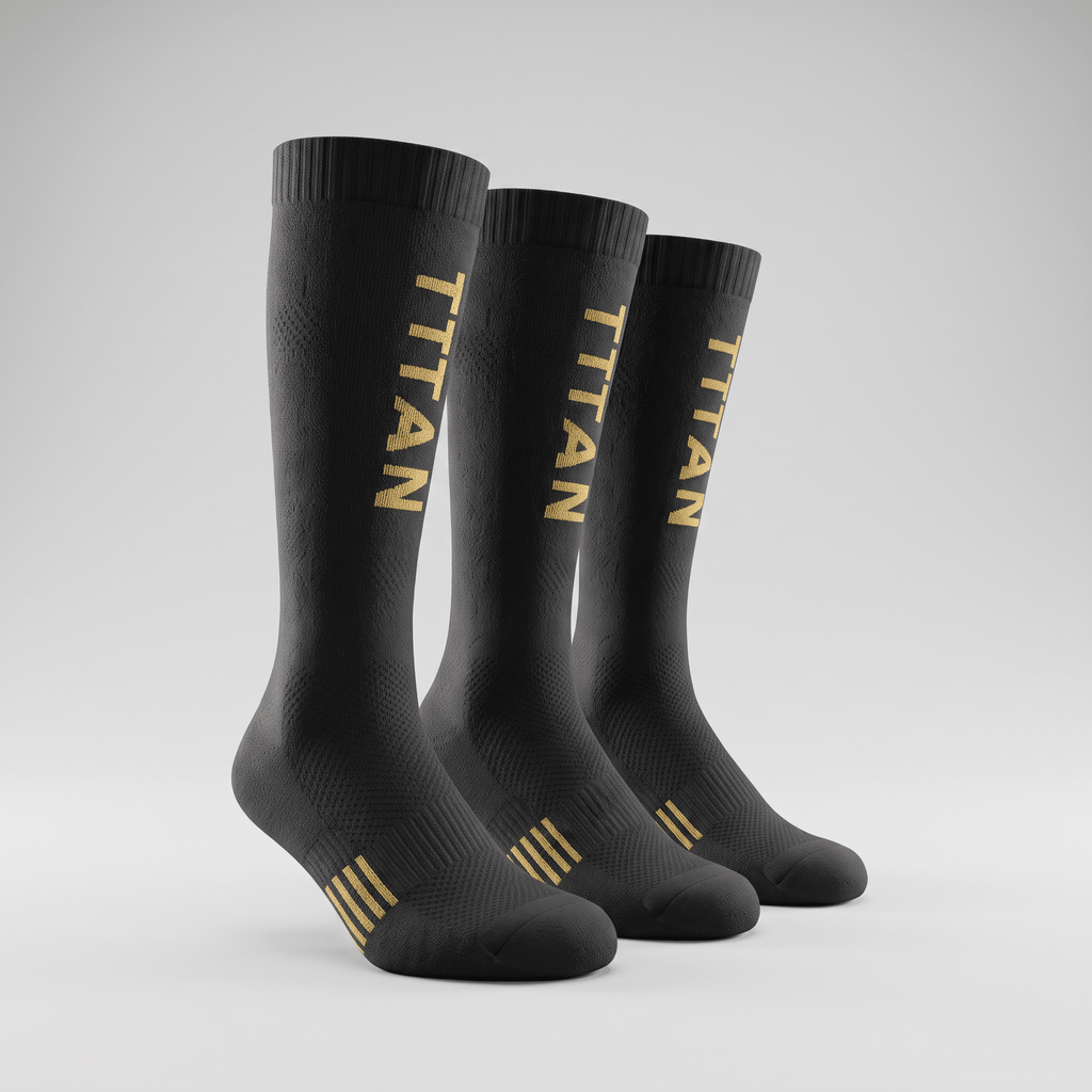 Three black athletic crew socks with gold TITAN branding and stripes on a grey background.