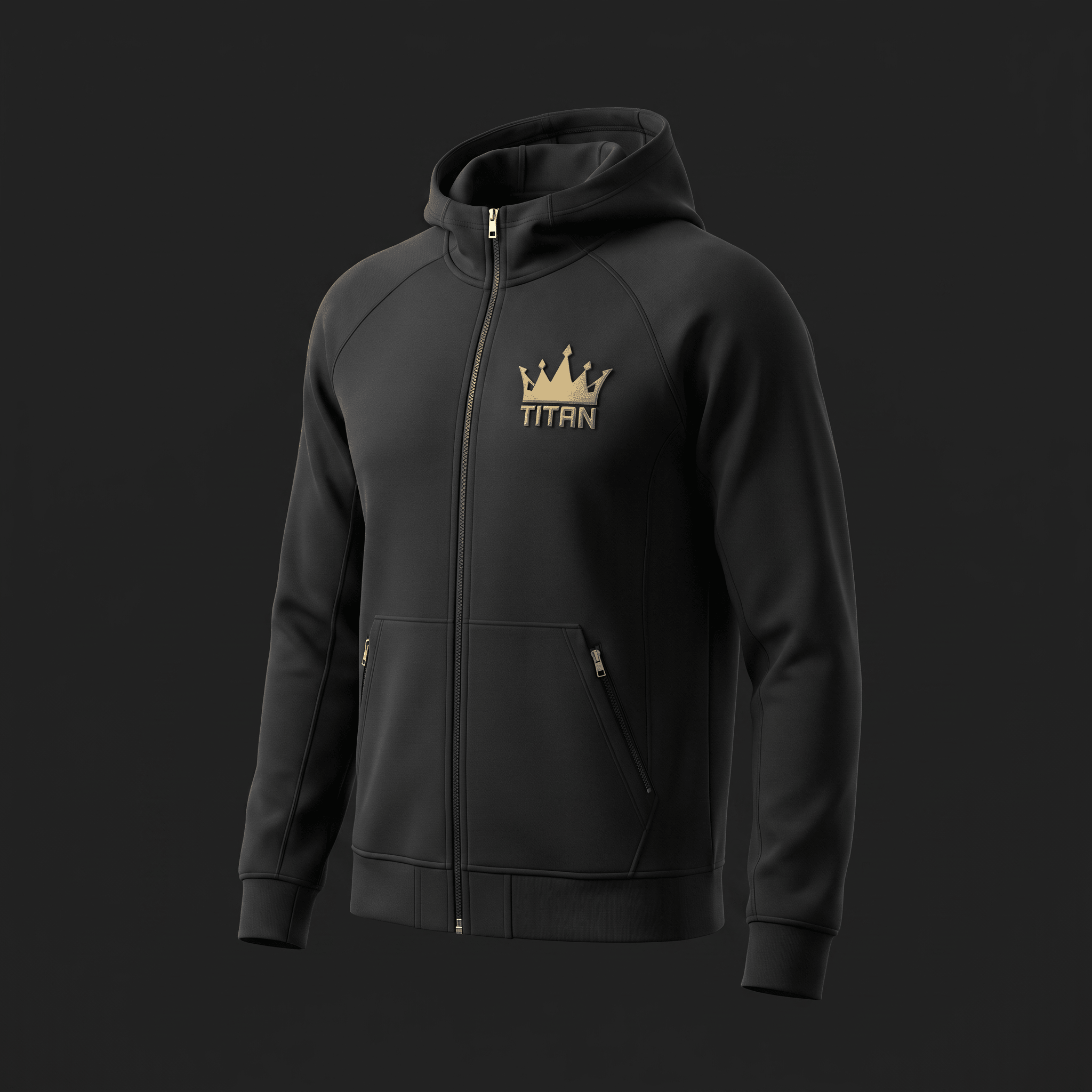Black zip-up hoodie with gold crown logo and Titan text on the chest, displayed on a dark background.