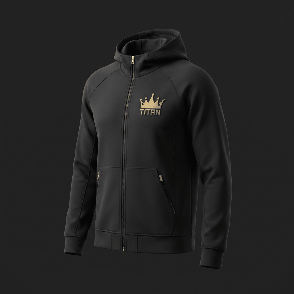 Black zip-up hoodie featuring a gold crown logo and Titan text on the chest against a dark background.