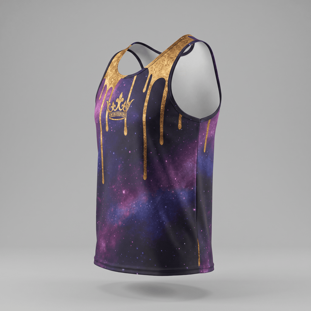 Purple galaxy print tank top with gold dripping paint design and a gold crown graphic on the front.