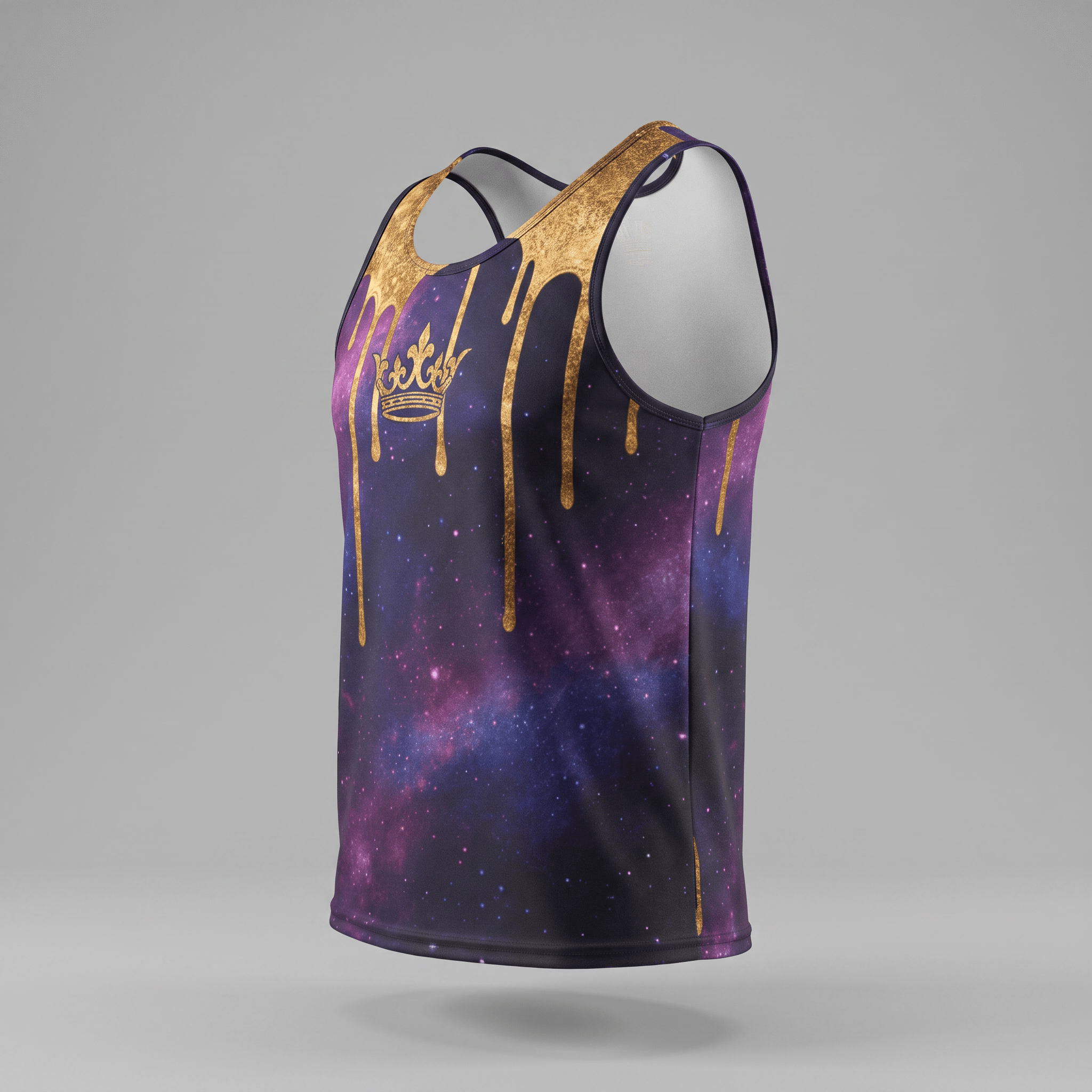 Purple galaxy print tank top with gold dripping paint design and a gold crown graphic on the front.