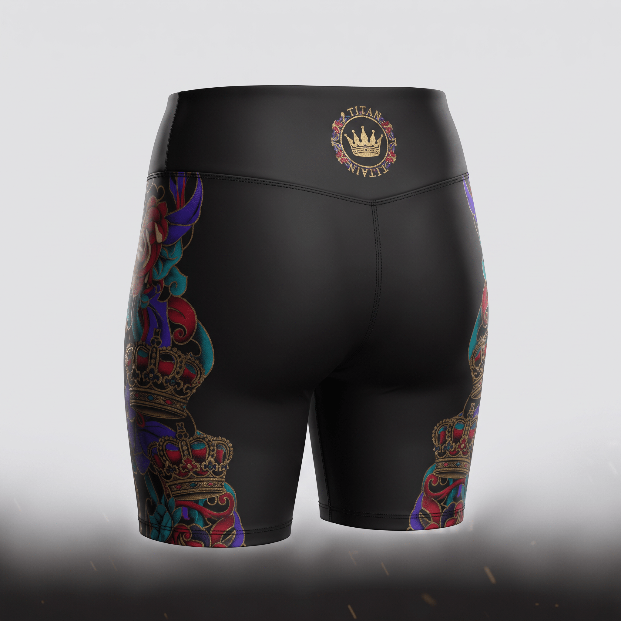 Black high-waisted athletic shorts with side crown graphics and rear Titan crown logo.