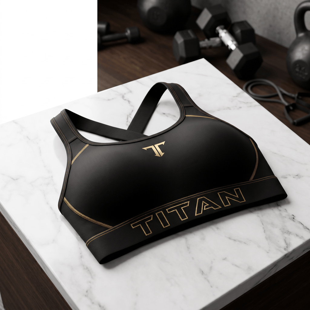 Black athletic sports bra with gold stitching, logo, and "TITAN" text on the band, placed on a marble surface.