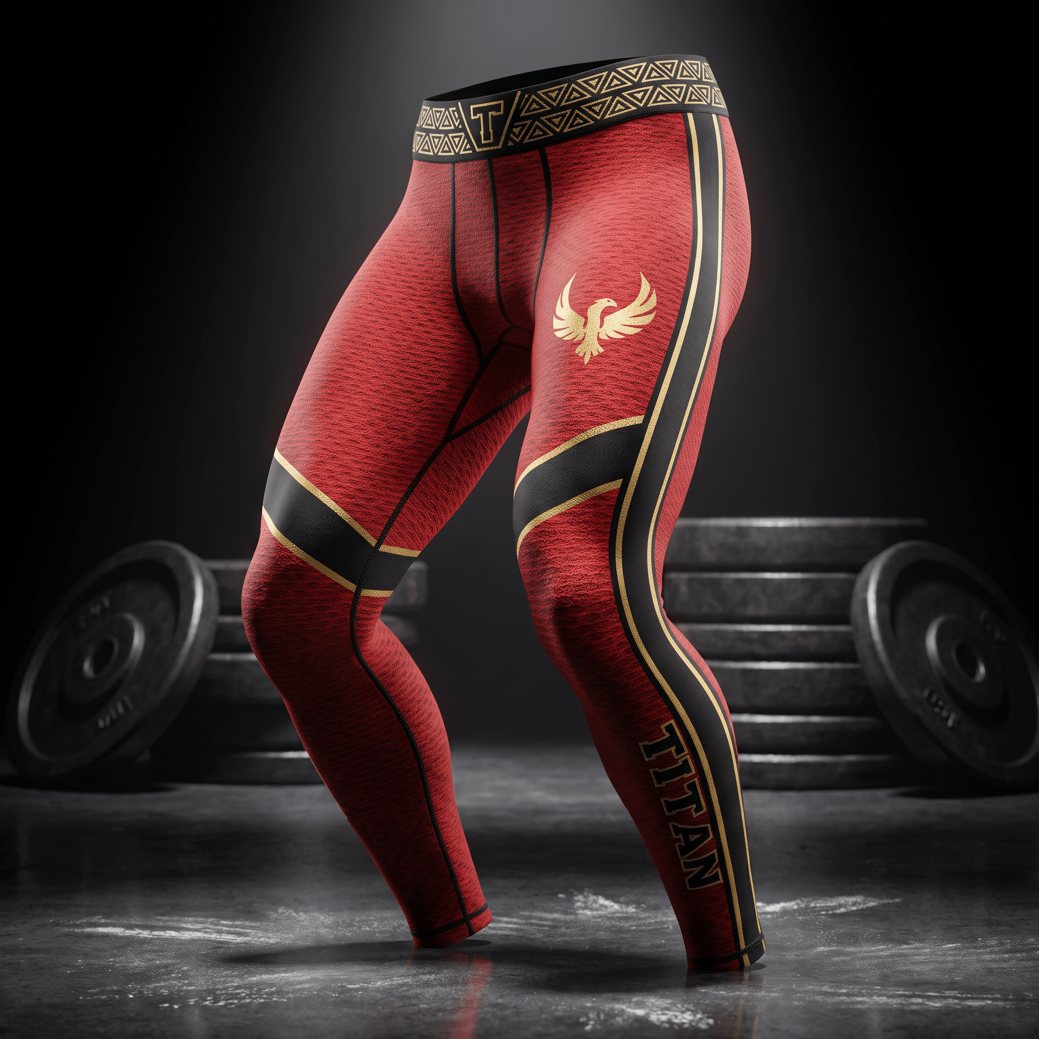 Red compression leggings with gold phoenix emblem, black side stripes, and geometric waistband on a gym floor.