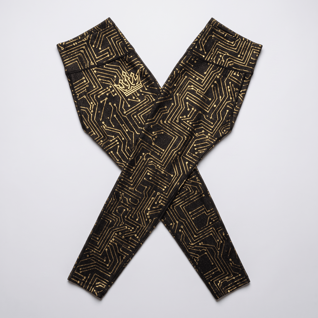 Black leggings with a metallic gold circuit board pattern and crown logo flat laid.
